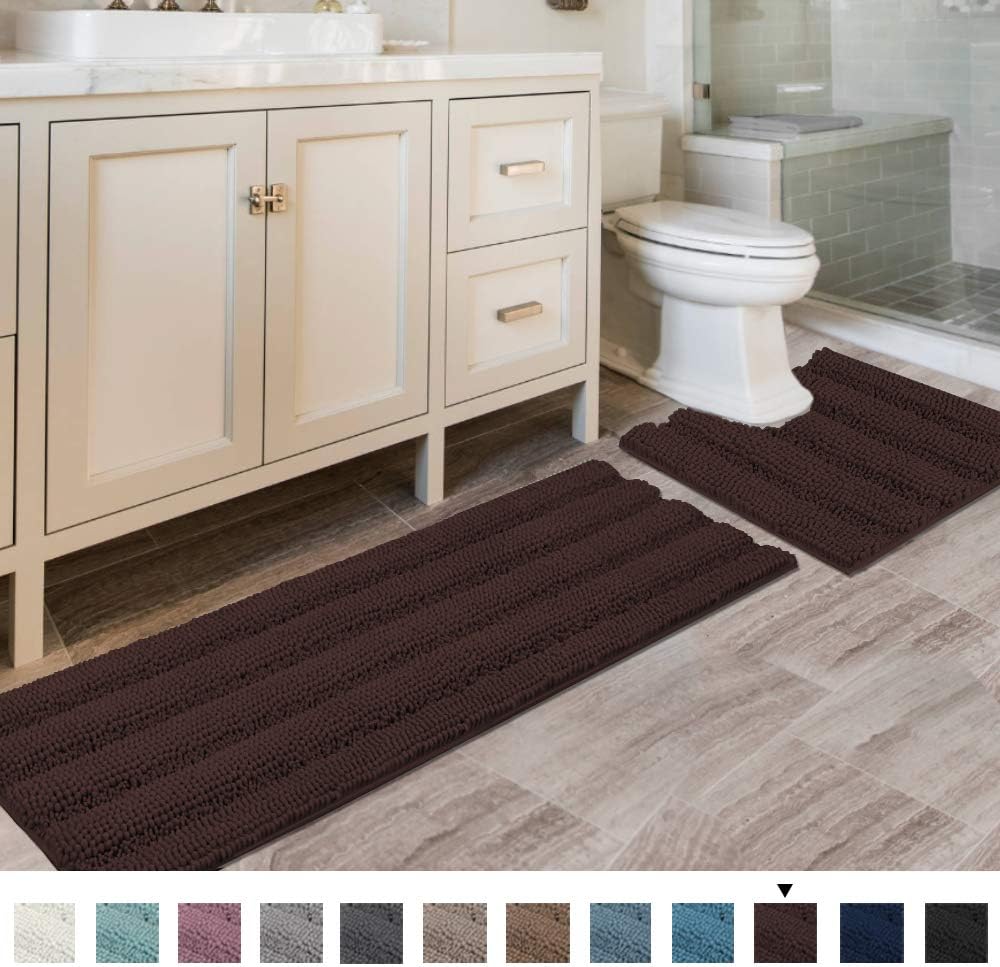 H.VERSAILTEX Sage Bathroom Rugs, Bath Mat Set of 2 Extra Thick Chenille Striped Pattern Shaggy Bath Rugs for Bath Room, Non Skid Bath Mats for Bathroom Floor (32 x 20 Plus 24 x 17 - Inches)