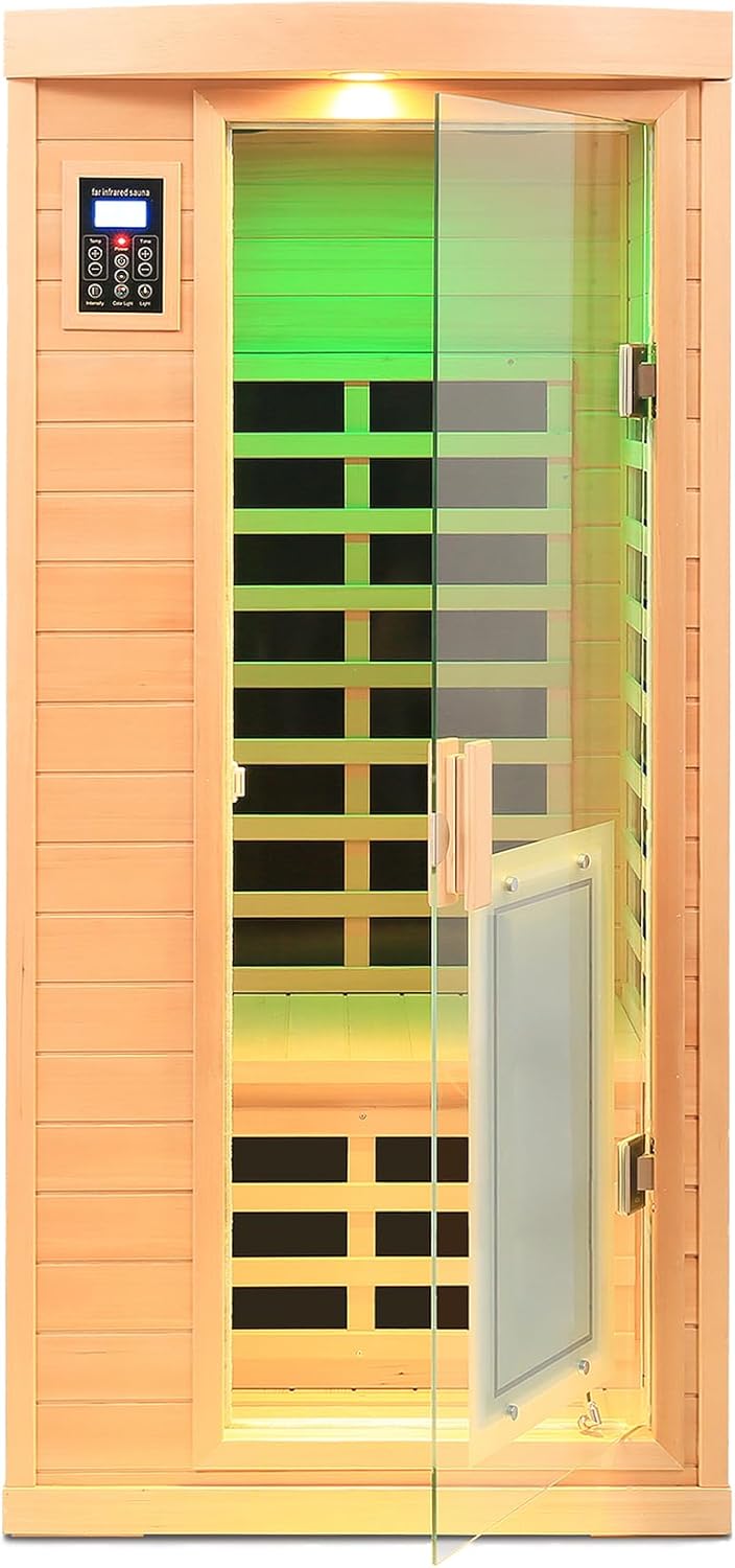 Far Infrared Sauna 1 Person Infrared Sauna Room Canadian Hemlock Wooden Sauna for Home, 1300W Low-EMF Indoor Saunas with Control Panel, Bluetooth Speakers, LED Reading Lamp, Tempered Glass Door