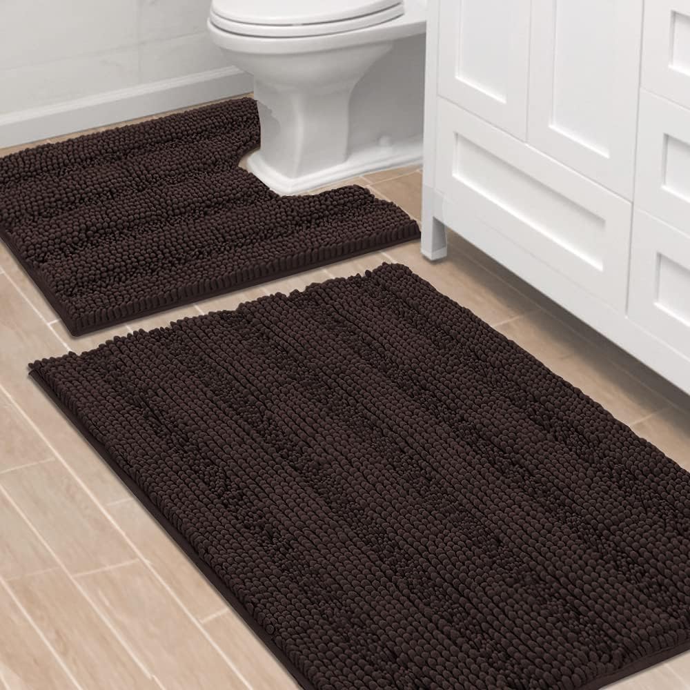 H.VERSAILTEX Sage Bathroom Rugs, Bath Mat Set of 2 Extra Thick Chenille Striped Pattern Shaggy Bath Rugs for Bath Room, Non Skid Bath Mats for Bathroom Floor (32 x 20 Plus 24 x 17 - Inches)