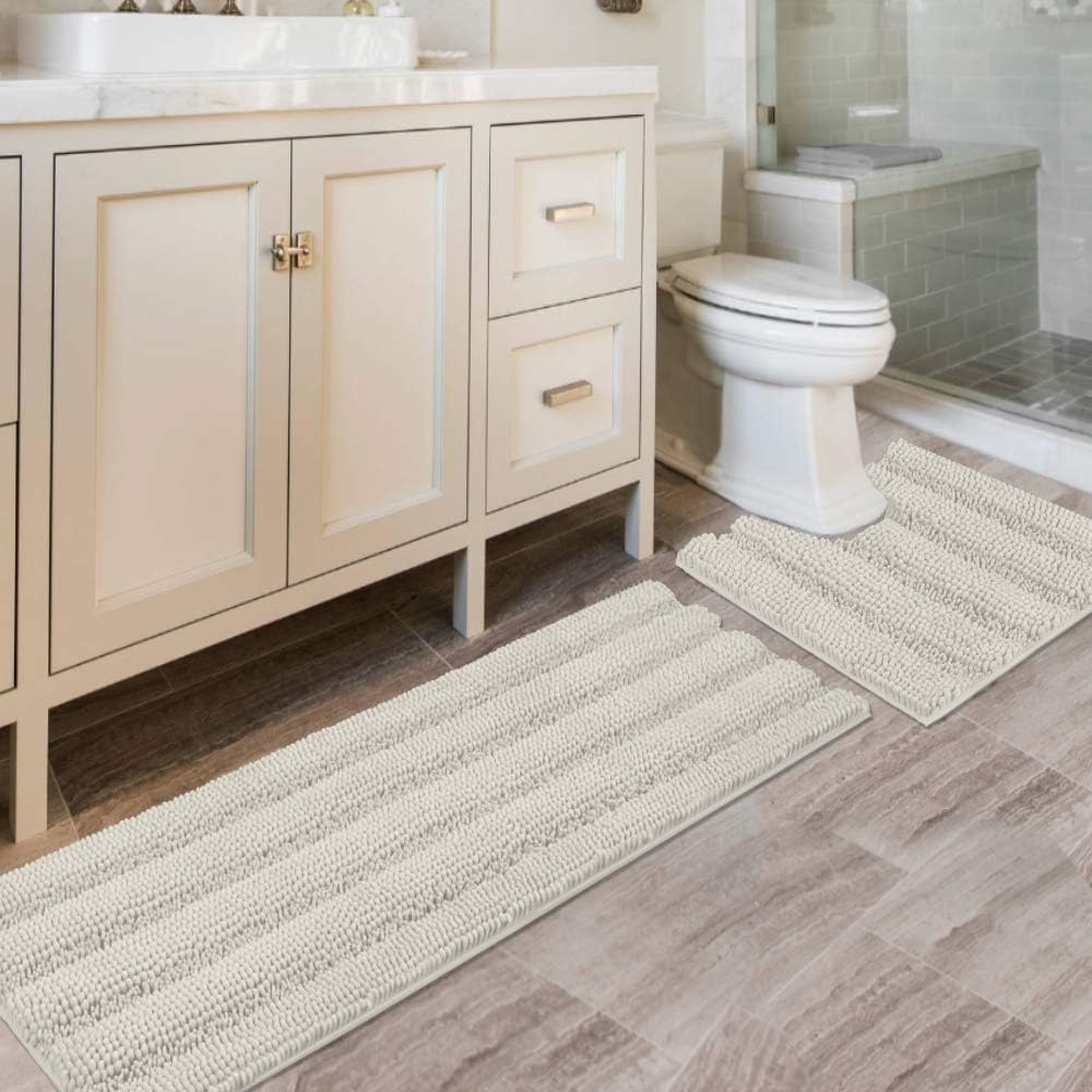 H.VERSAILTEX Sage Bathroom Rugs, Bath Mat Set of 2 Extra Thick Chenille Striped Pattern Shaggy Bath Rugs for Bath Room, Non Skid Bath Mats for Bathroom Floor (32 x 20 Plus 24 x 17 - Inches)