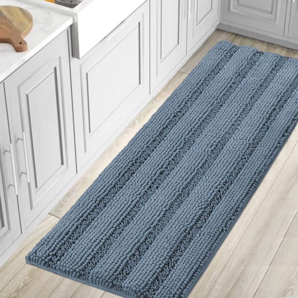 H.VERSAILTEX Sage Bathroom Rugs, Bath Mat Set of 2 Extra Thick Chenille Striped Pattern Shaggy Bath Rugs for Bath Room, Non Skid Bath Mats for Bathroom Floor (32 x 20 Plus 24 x 17 - Inches)