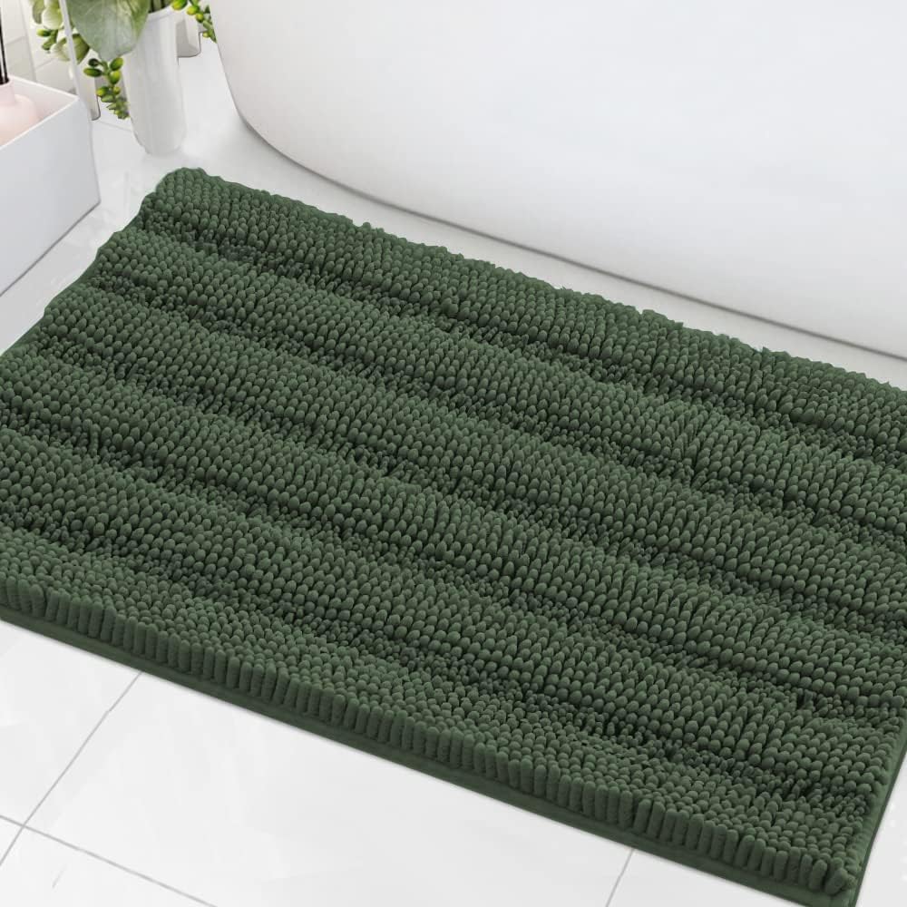 H.VERSAILTEX Sage Bathroom Rugs, Bath Mat Set of 2 Extra Thick Chenille Striped Pattern Shaggy Bath Rugs for Bath Room, Non Skid Bath Mats for Bathroom Floor (32 x 20 Plus 24 x 17 - Inches)