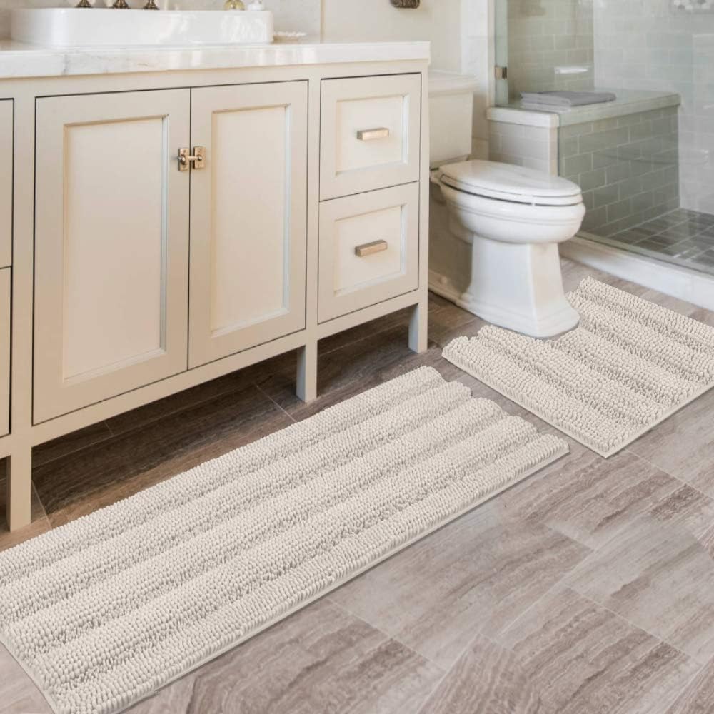 H.VERSAILTEX Sage Bathroom Rugs, Bath Mat Set of 2 Extra Thick Chenille Striped Pattern Shaggy Bath Rugs for Bath Room, Non Skid Bath Mats for Bathroom Floor (32 x 20 Plus 24 x 17 - Inches)