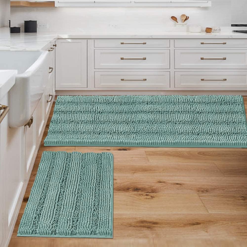 H.VERSAILTEX Sage Bathroom Rugs, Bath Mat Set of 2 Extra Thick Chenille Striped Pattern Shaggy Bath Rugs for Bath Room, Non Skid Bath Mats for Bathroom Floor (32 x 20 Plus 24 x 17 - Inches)