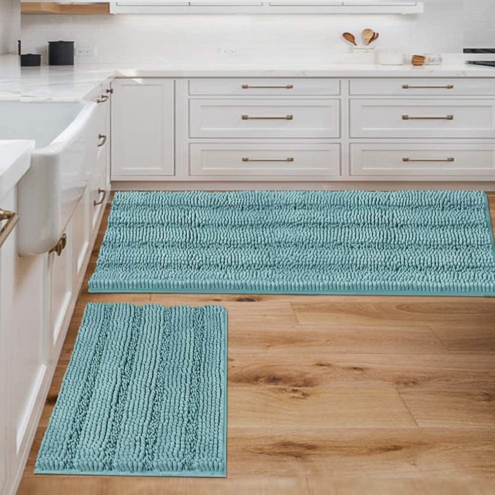 H.VERSAILTEX Sage Bathroom Rugs, Bath Mat Set of 2 Extra Thick Chenille Striped Pattern Shaggy Bath Rugs for Bath Room, Non Skid Bath Mats for Bathroom Floor (32 x 20 Plus 24 x 17 - Inches)