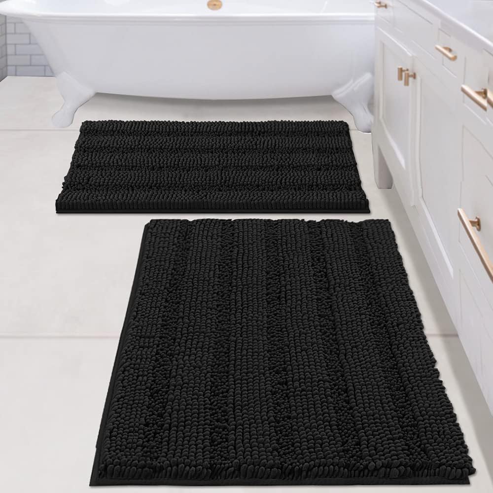 H.VERSAILTEX Sage Bathroom Rugs, Bath Mat Set of 2 Extra Thick Chenille Striped Pattern Shaggy Bath Rugs for Bath Room, Non Skid Bath Mats for Bathroom Floor (32 x 20 Plus 24 x 17 - Inches)