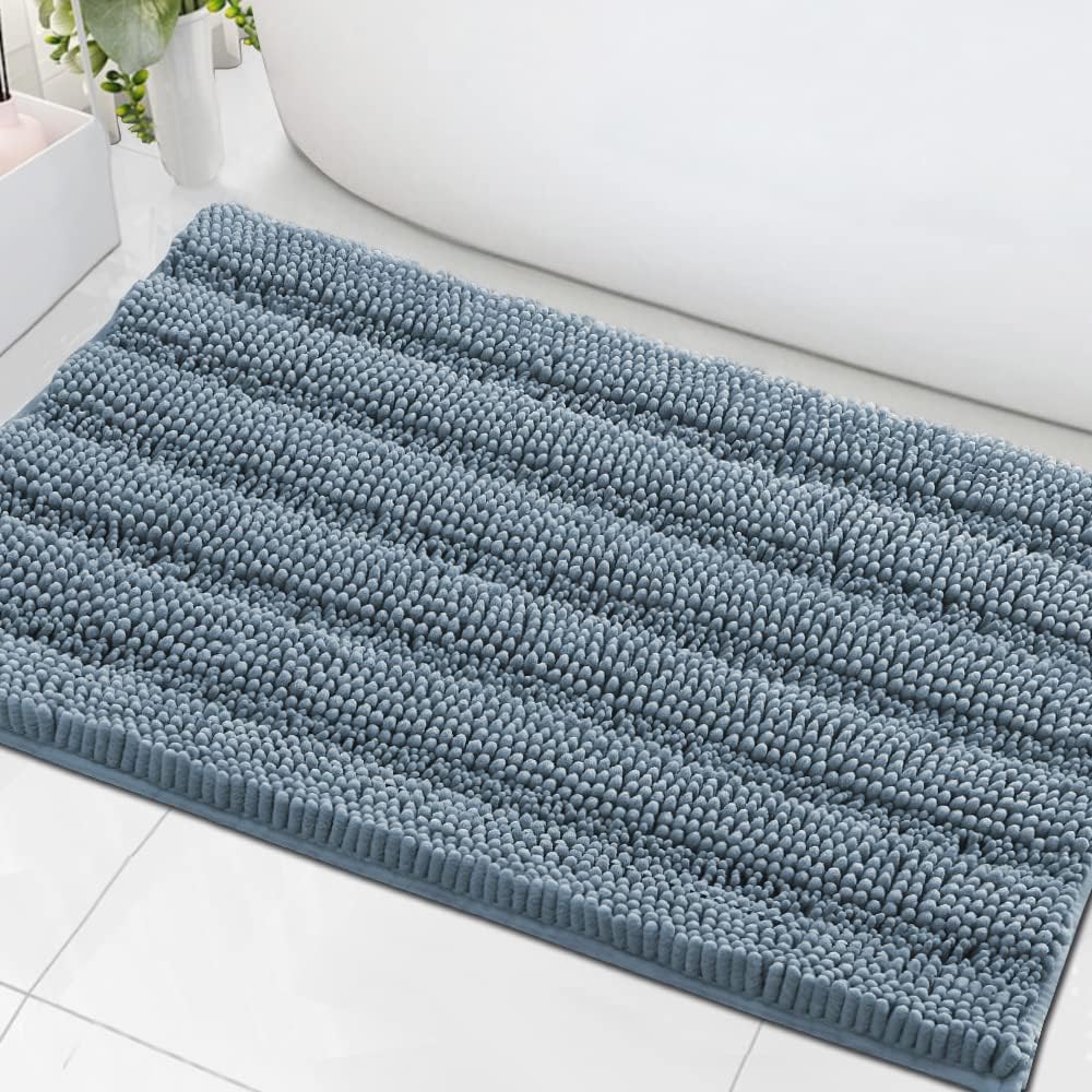 H.VERSAILTEX Sage Bathroom Rugs, Bath Mat Set of 2 Extra Thick Chenille Striped Pattern Shaggy Bath Rugs for Bath Room, Non Skid Bath Mats for Bathroom Floor (32 x 20 Plus 24 x 17 - Inches)