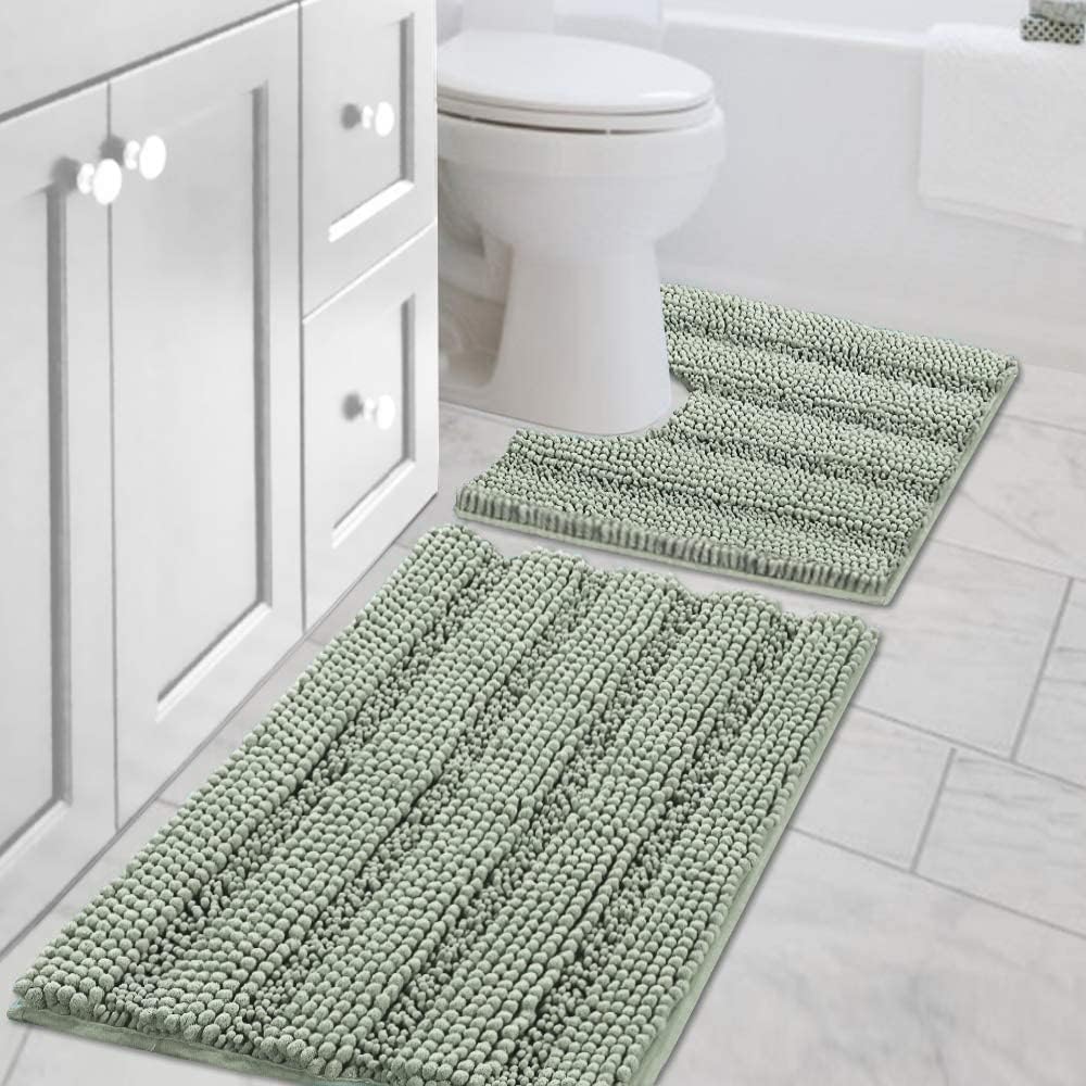 H.VERSAILTEX Sage Bathroom Rugs, Bath Mat Set of 2 Extra Thick Chenille Striped Pattern Shaggy Bath Rugs for Bath Room, Non Skid Bath Mats for Bathroom Floor (32 x 20 Plus 24 x 17 - Inches)