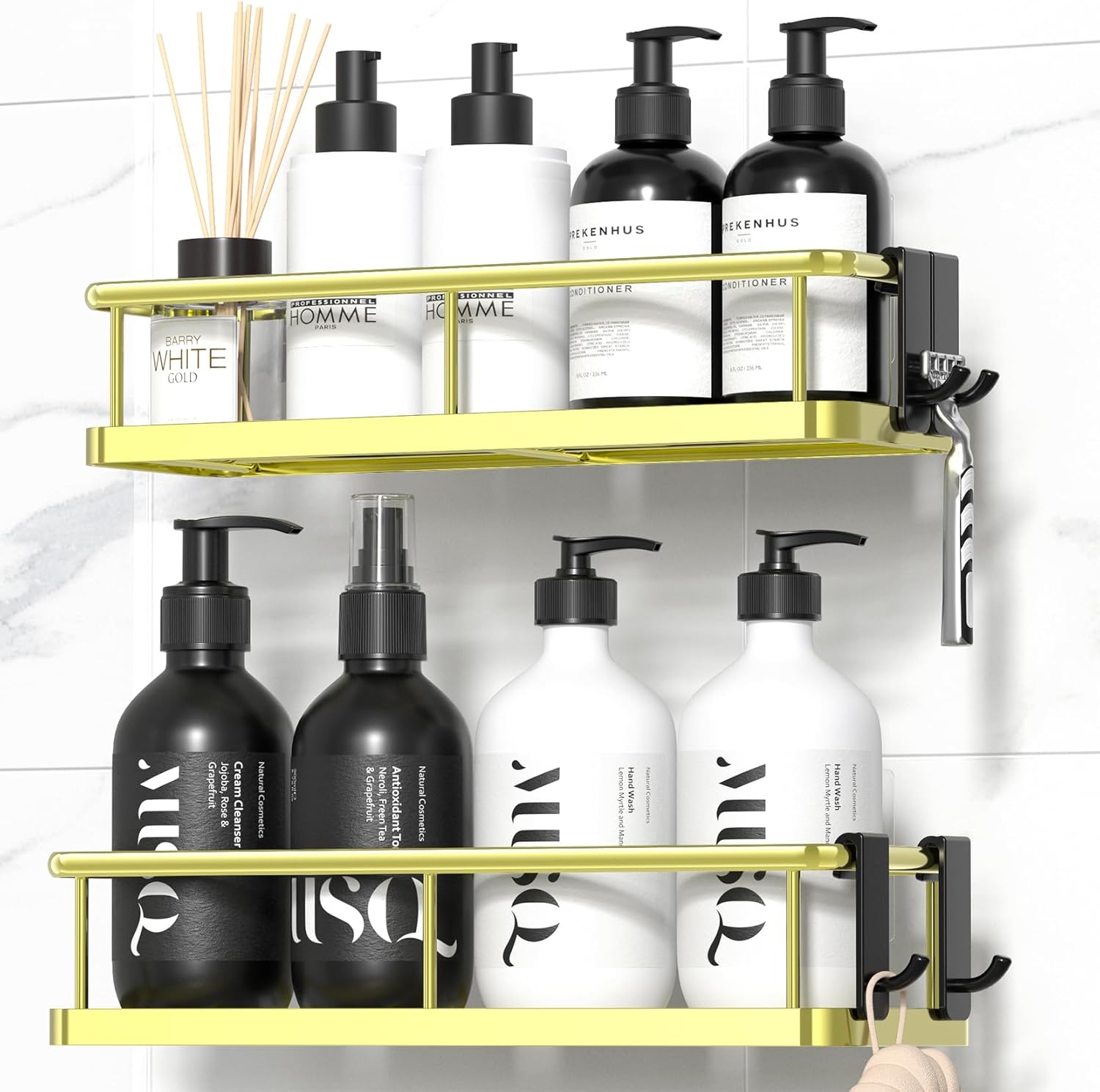 YASONIC Shower Caddy Adhesive, Rustproof Shower Shelves for Inside Shower, Large Capacity Bathroom Organizers and Storage, Shower Storage with Removable Hooks, No Drill Bathroom Accessories Black