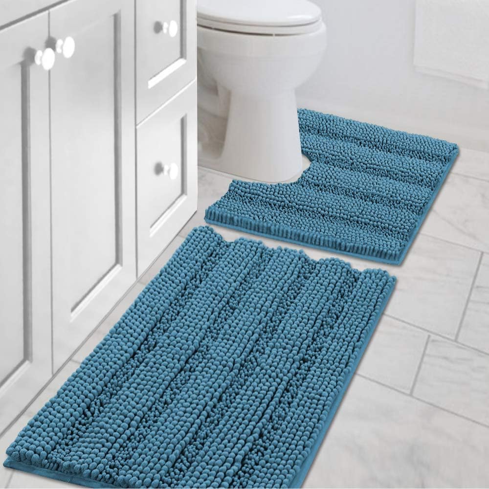 H.VERSAILTEX Sage Bathroom Rugs, Bath Mat Set of 2 Extra Thick Chenille Striped Pattern Shaggy Bath Rugs for Bath Room, Non Skid Bath Mats for Bathroom Floor (32 x 20 Plus 24 x 17 - Inches)