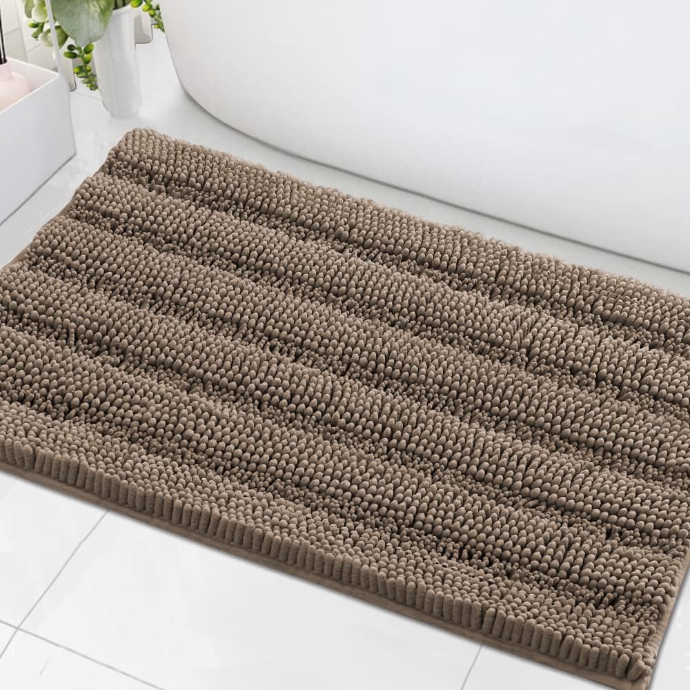 H.VERSAILTEX Sage Bathroom Rugs, Bath Mat Set of 2 Extra Thick Chenille Striped Pattern Shaggy Bath Rugs for Bath Room, Non Skid Bath Mats for Bathroom Floor (32 x 20 Plus 24 x 17 - Inches)