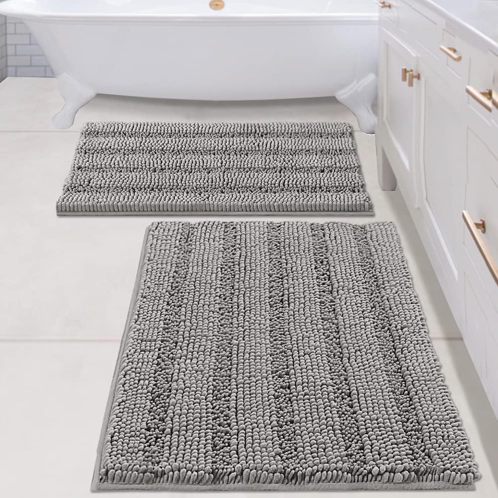 H.VERSAILTEX Sage Bathroom Rugs, Bath Mat Set of 2 Extra Thick Chenille Striped Pattern Shaggy Bath Rugs for Bath Room, Non Skid Bath Mats for Bathroom Floor (32 x 20 Plus 24 x 17 - Inches)