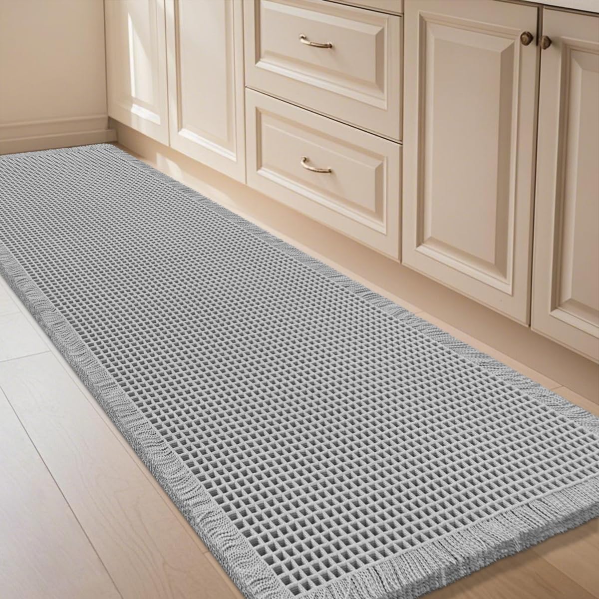 IM HOME Waffle Bath Mat Beige 32"x20", Boho Woven Modern Bath Mat Rugs, Absorbent Non Slip Bathroom Rugs, Soft Washable Bath Rugs with Tassels for Bathroom, Bedroom, Kitchen, Shower, Tub