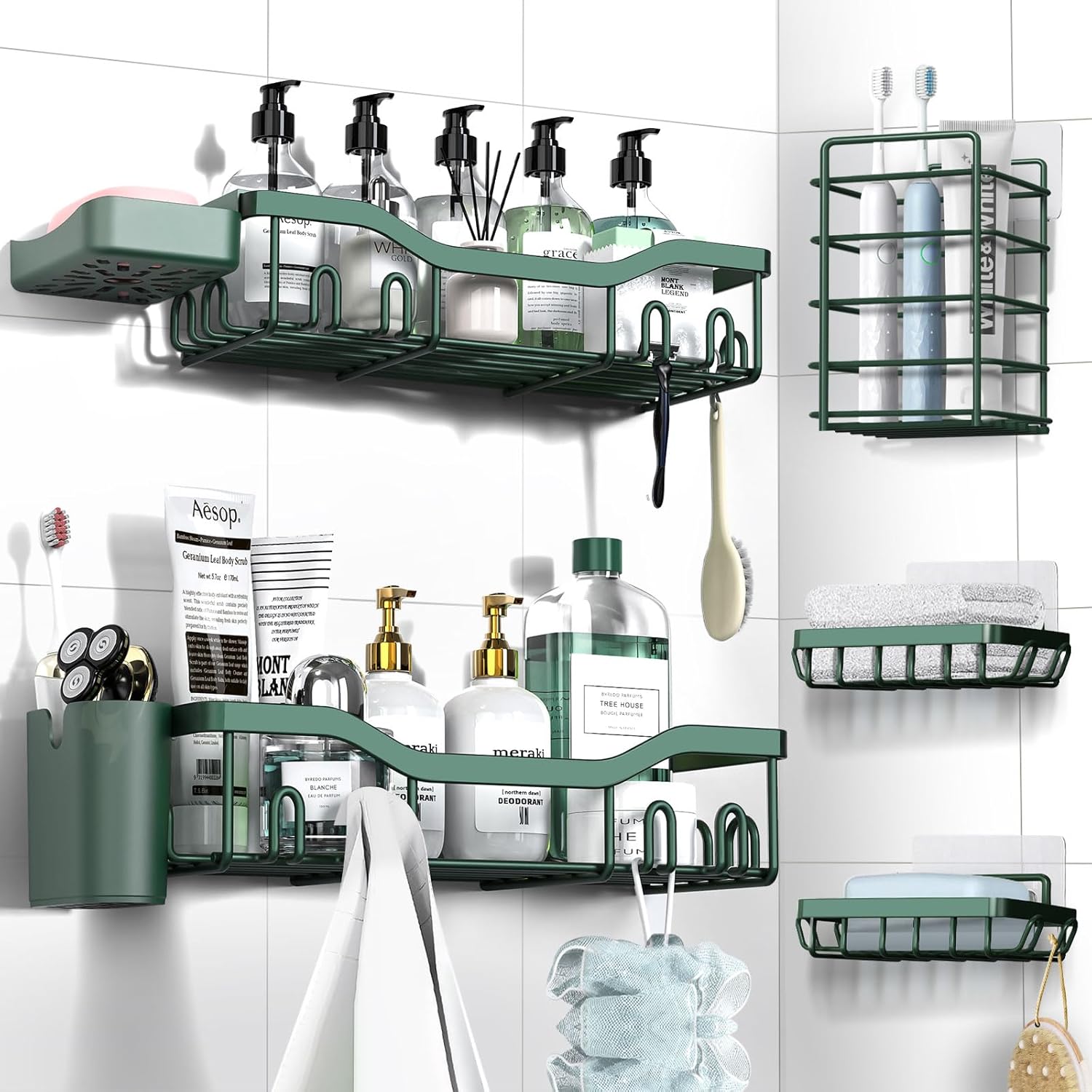 Shower Caddy Adhesive Shower Organizer 7-Pack, Rustproof Stainless Steel Bathroom Shelves, Large Capacity No-Drill Rack Storage Accessories with Soap Dish Toothbrush Holder &24 Hooks Home Decor