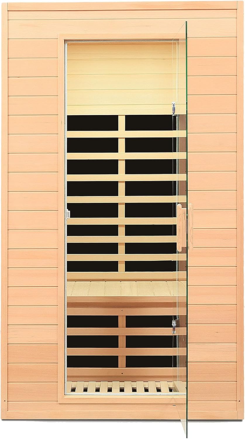 Far Infrared Sauna 1 Person Infrared Sauna Room Canadian Hemlock Wooden Sauna for Home, 1300W Low-EMF Indoor Saunas with Control Panel, Bluetooth Speakers, LED Reading Lamp, Tempered Glass Door