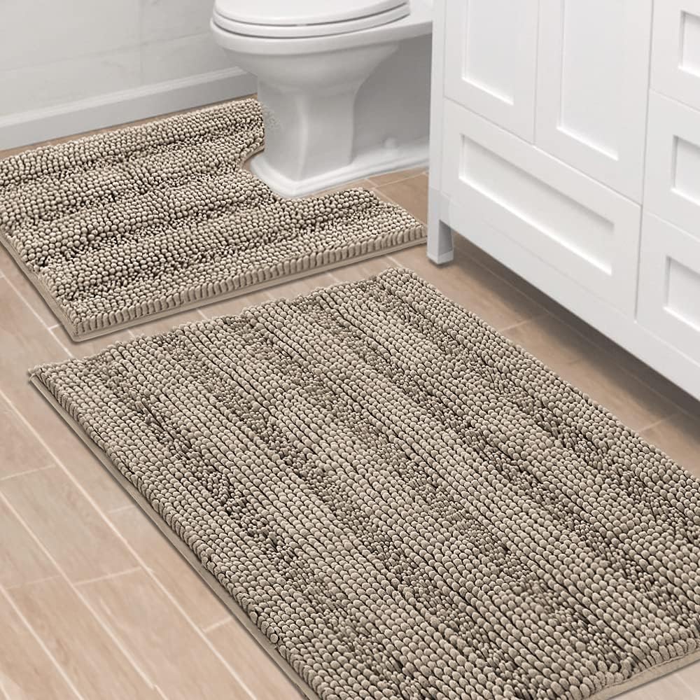 H.VERSAILTEX Sage Bathroom Rugs, Bath Mat Set of 2 Extra Thick Chenille Striped Pattern Shaggy Bath Rugs for Bath Room, Non Skid Bath Mats for Bathroom Floor (32 x 20 Plus 24 x 17 - Inches)