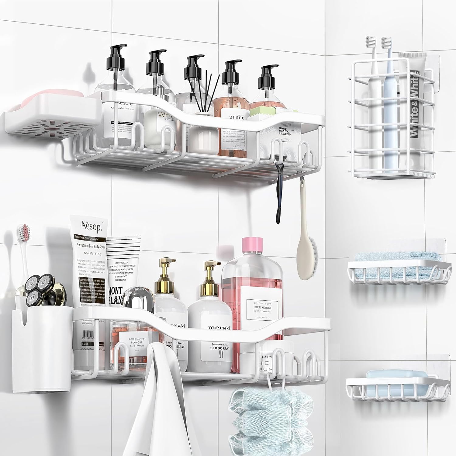 Shower Caddy Adhesive Shower Organizer 7-Pack, Rustproof Stainless Steel Bathroom Shelves, Large Capacity No-Drill Rack Storage Accessories with Soap Dish Toothbrush Holder &24 Hooks Home Decor