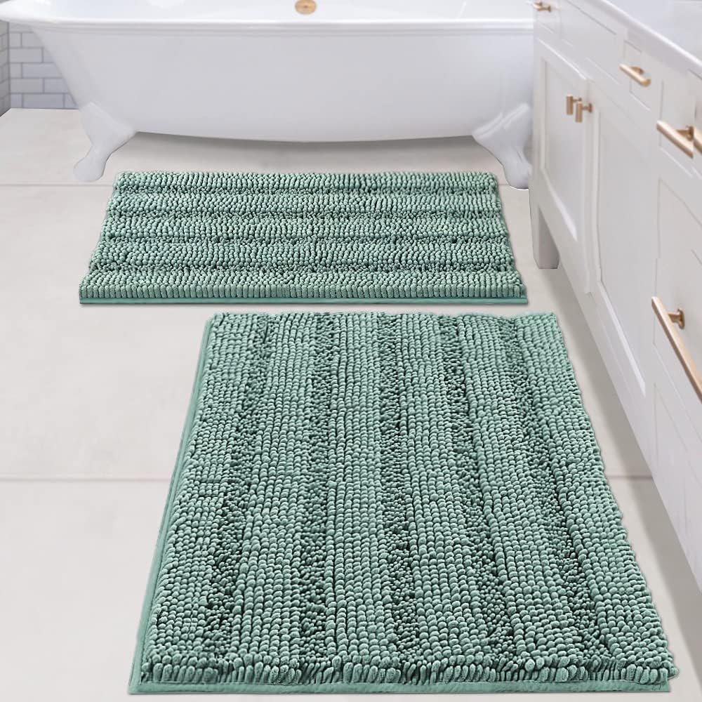 H.VERSAILTEX Sage Bathroom Rugs, Bath Mat Set of 2 Extra Thick Chenille Striped Pattern Shaggy Bath Rugs for Bath Room, Non Skid Bath Mats for Bathroom Floor (32 x 20 Plus 24 x 17 - Inches)