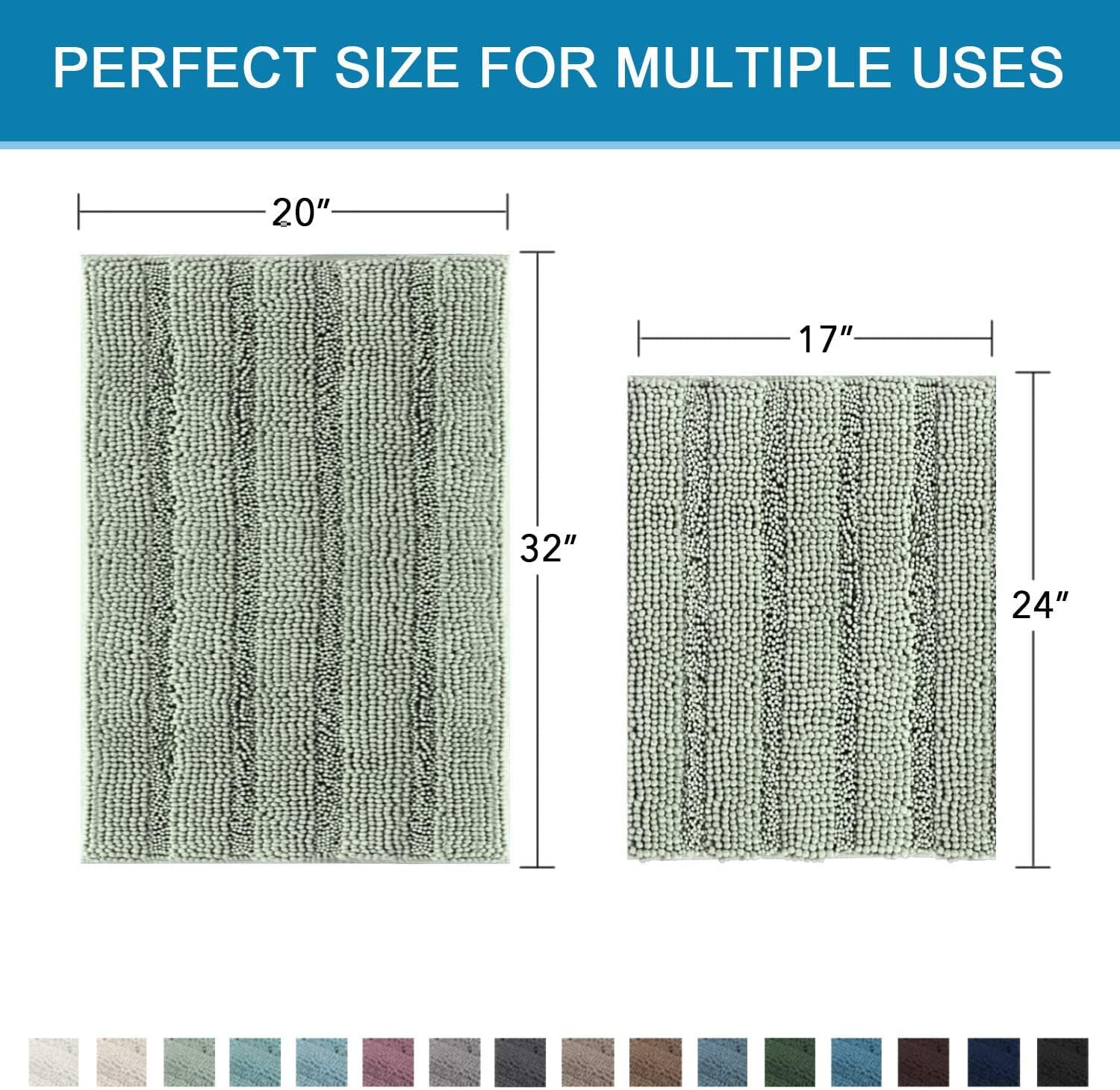 H.VERSAILTEX Sage Bathroom Rugs, Bath Mat Set of 2 Extra Thick Chenille Striped Pattern Shaggy Bath Rugs for Bath Room, Non Skid Bath Mats for Bathroom Floor (32 x 20 Plus 24 x 17 - Inches)