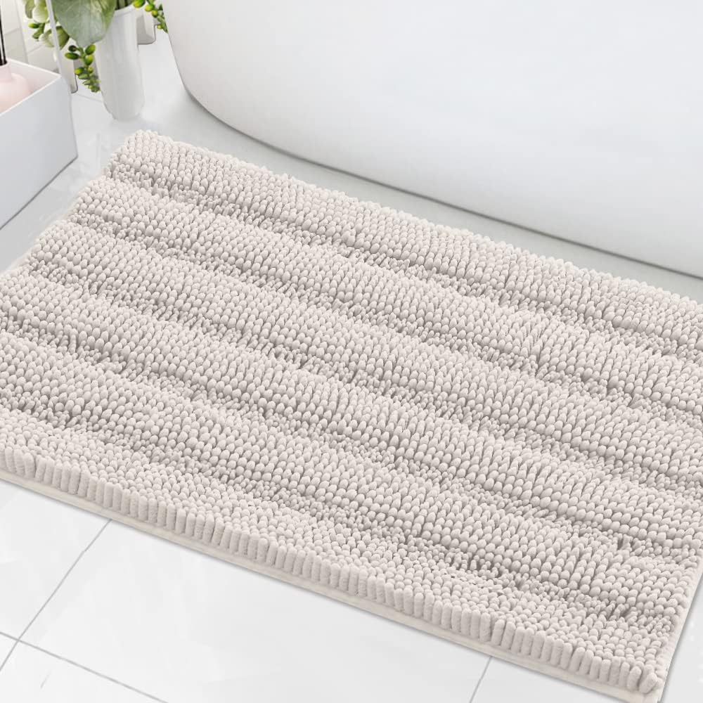 H.VERSAILTEX Sage Bathroom Rugs, Bath Mat Set of 2 Extra Thick Chenille Striped Pattern Shaggy Bath Rugs for Bath Room, Non Skid Bath Mats for Bathroom Floor (32 x 20 Plus 24 x 17 - Inches)