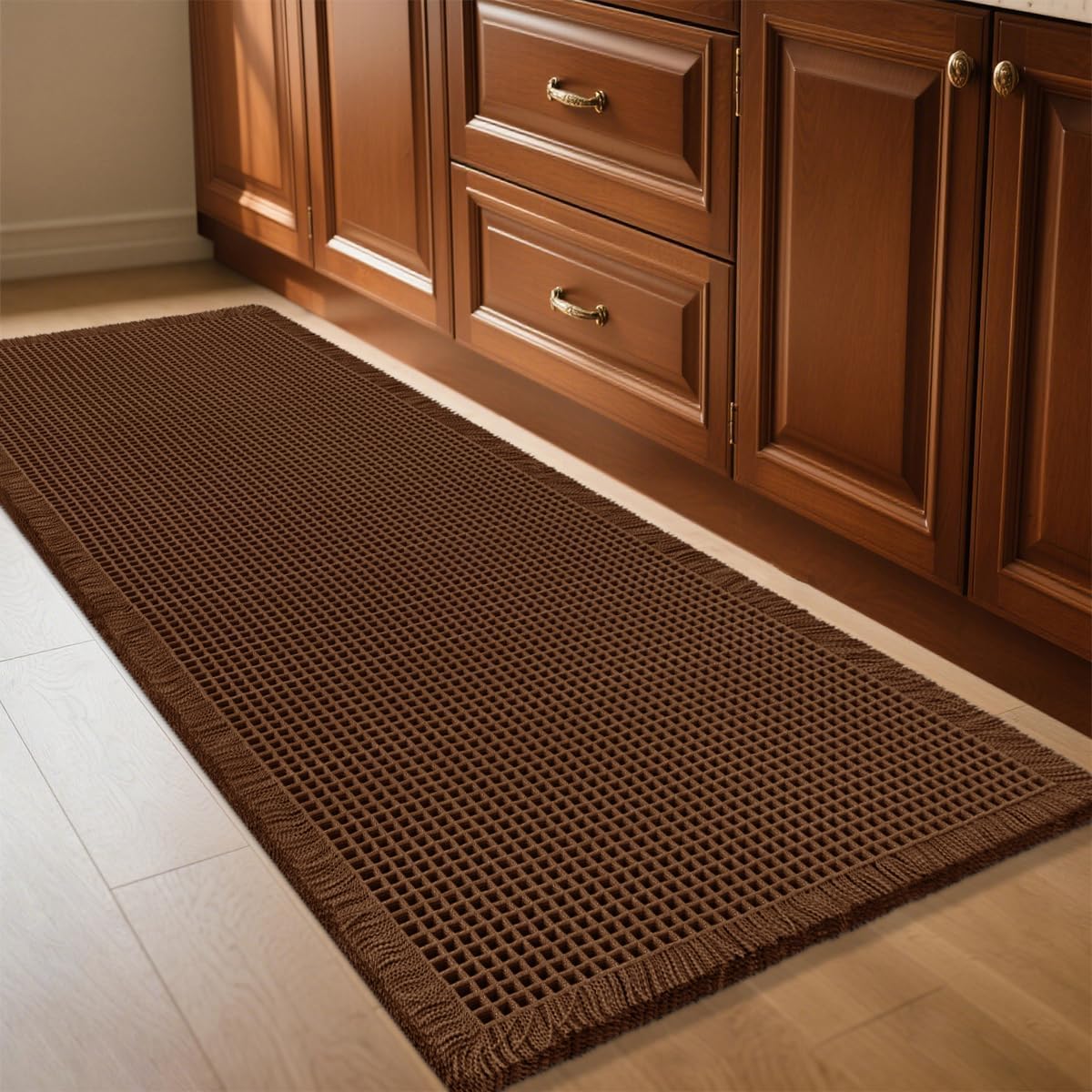 IM HOME Waffle Bath Mat Beige 32"x20", Boho Woven Modern Bath Mat Rugs, Absorbent Non Slip Bathroom Rugs, Soft Washable Bath Rugs with Tassels for Bathroom, Bedroom, Kitchen, Shower, Tub