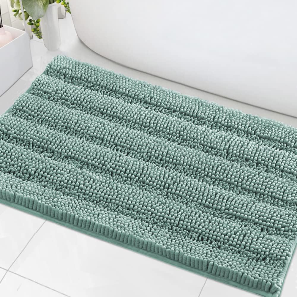 H.VERSAILTEX Sage Bathroom Rugs, Bath Mat Set of 2 Extra Thick Chenille Striped Pattern Shaggy Bath Rugs for Bath Room, Non Skid Bath Mats for Bathroom Floor (32 x 20 Plus 24 x 17 - Inches)