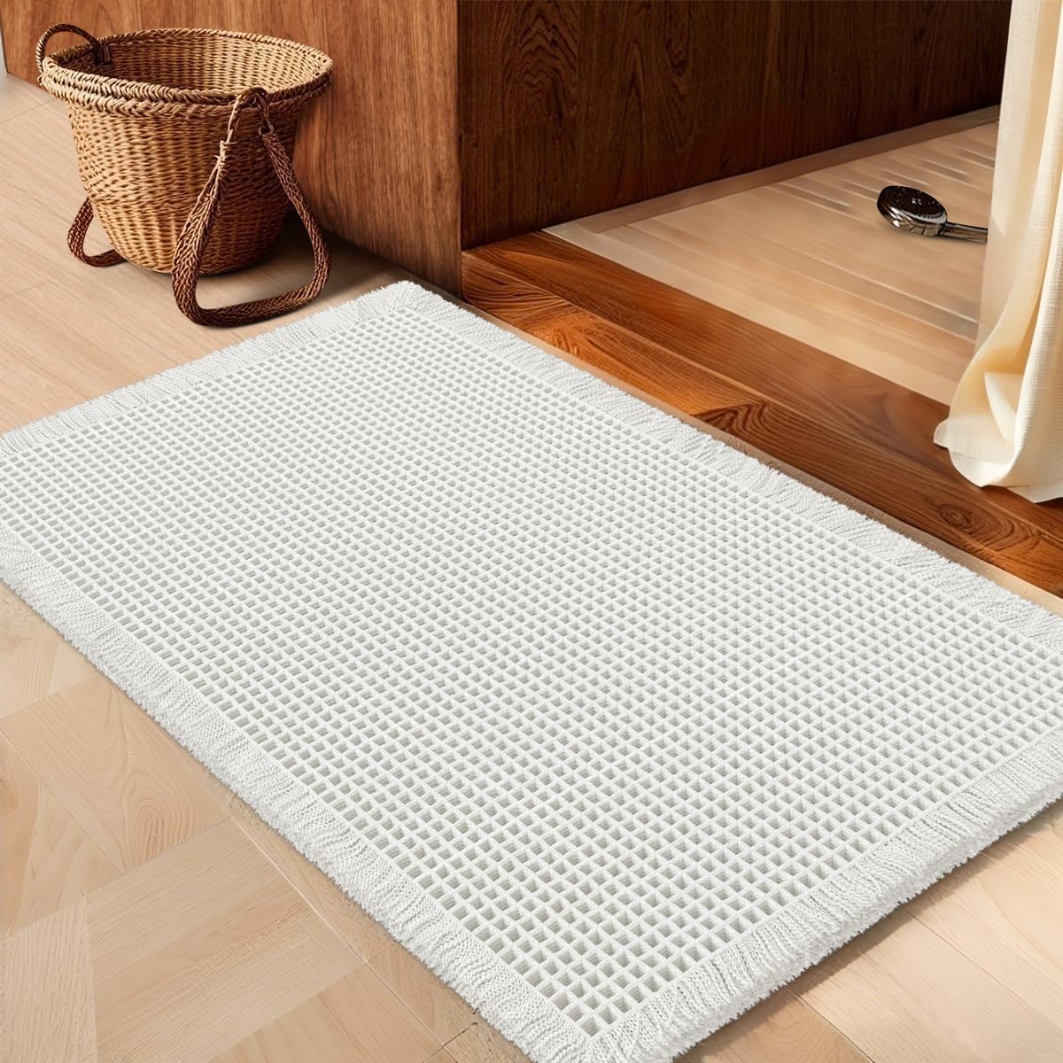 IM HOME Waffle Bath Mat Beige 32"x20", Boho Woven Modern Bath Mat Rugs, Absorbent Non Slip Bathroom Rugs, Soft Washable Bath Rugs with Tassels for Bathroom, Bedroom, Kitchen, Shower, Tub