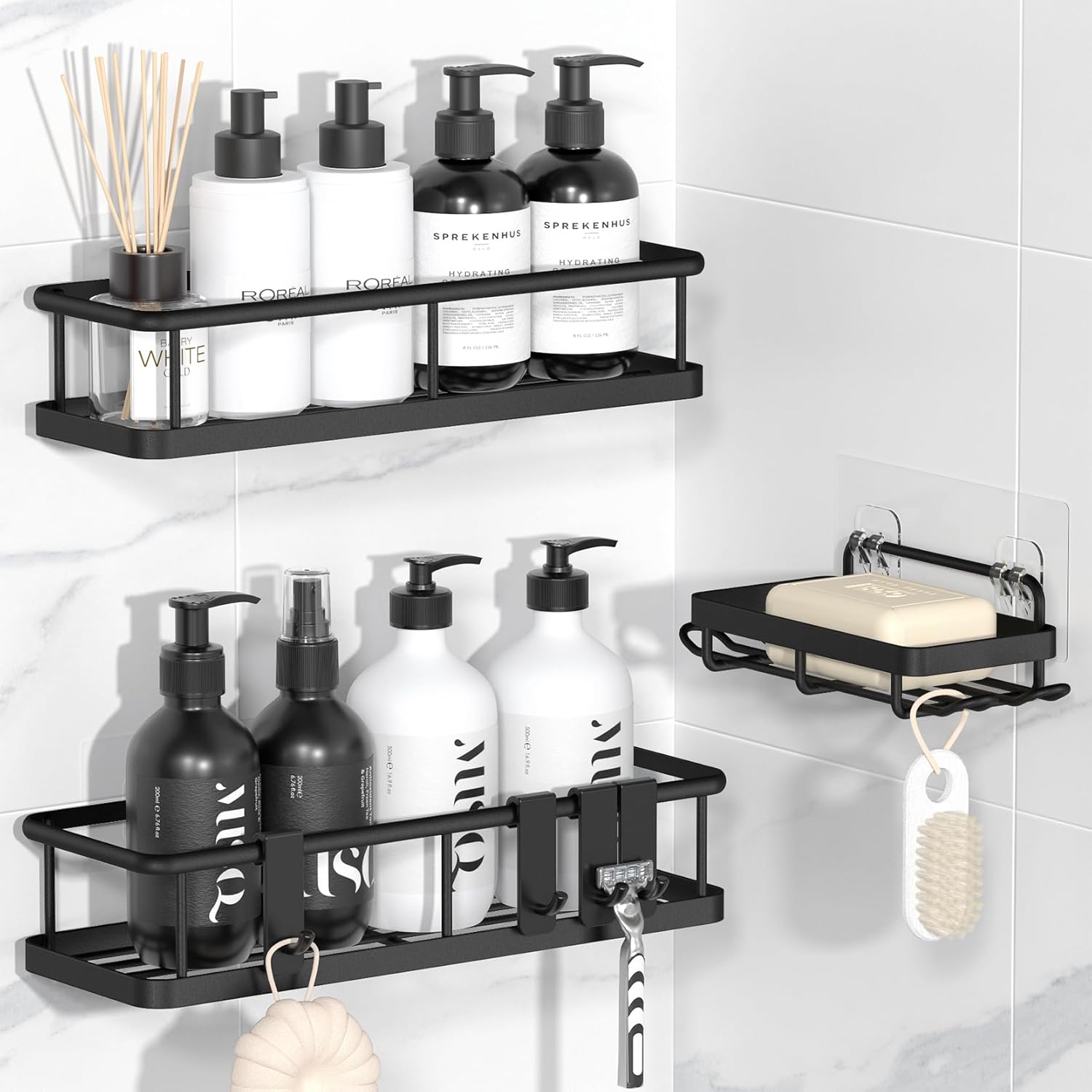 YASONIC Shower Caddy Adhesive, Rustproof Shower Shelves for Inside Shower, Large Capacity Bathroom Organizers and Storage, Shower Storage with Removable Hooks, No Drill Bathroom Accessories Black