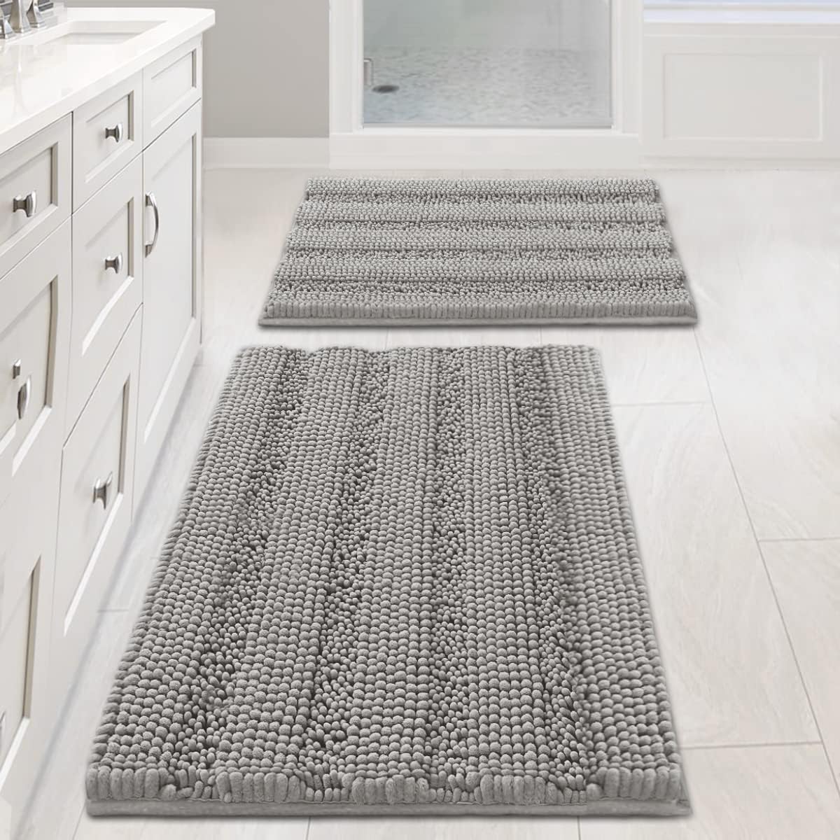 H.VERSAILTEX Sage Bathroom Rugs, Bath Mat Set of 2 Extra Thick Chenille Striped Pattern Shaggy Bath Rugs for Bath Room, Non Skid Bath Mats for Bathroom Floor (32 x 20 Plus 24 x 17 - Inches)