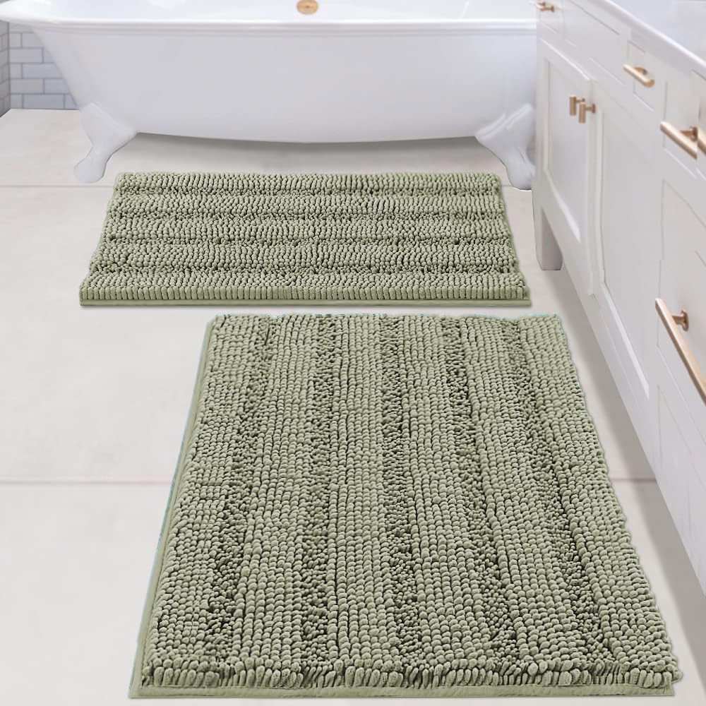 H.VERSAILTEX Sage Bathroom Rugs, Bath Mat Set of 2 Extra Thick Chenille Striped Pattern Shaggy Bath Rugs for Bath Room, Non Skid Bath Mats for Bathroom Floor (32 x 20 Plus 24 x 17 - Inches)