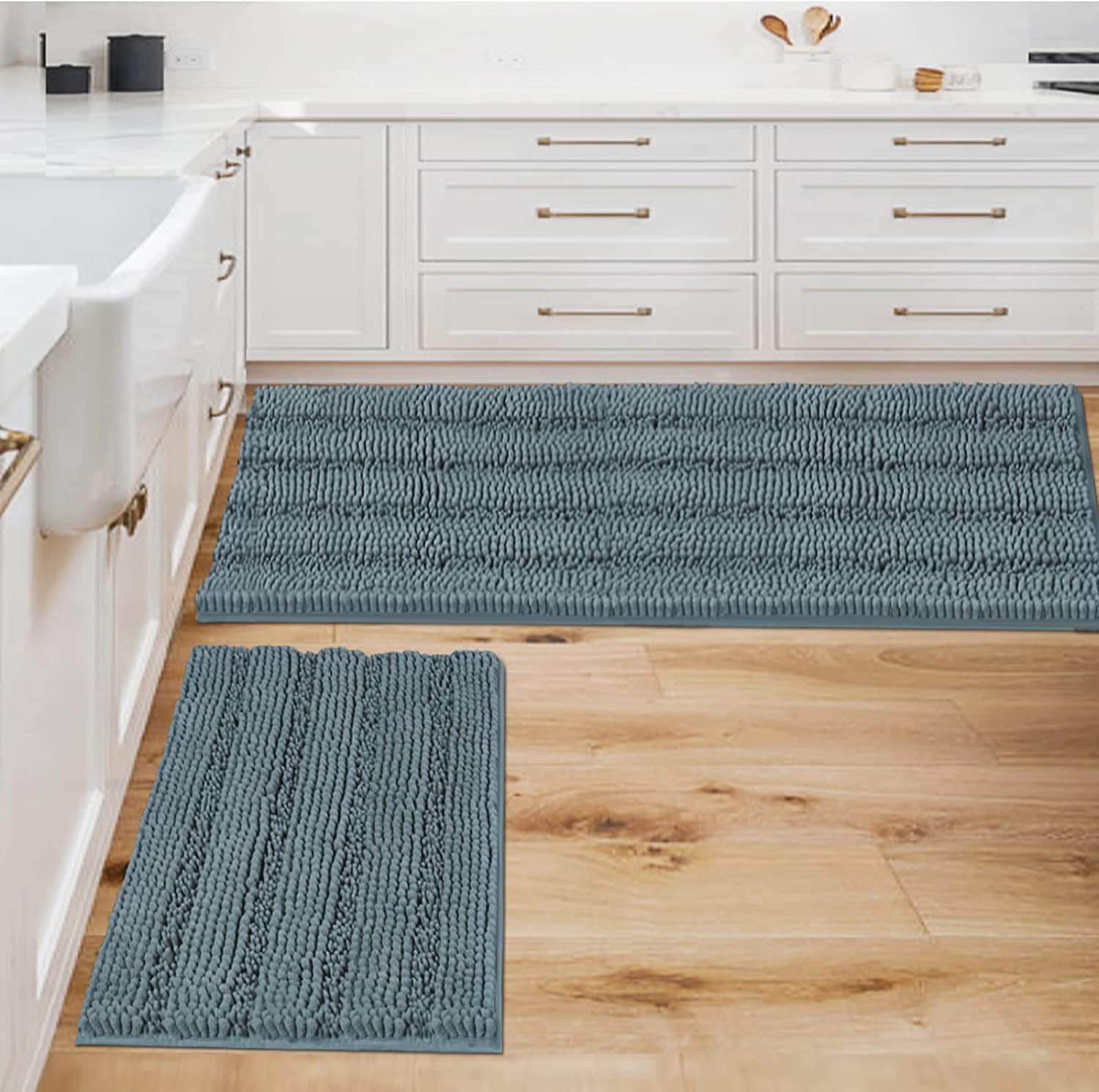 H.VERSAILTEX Sage Bathroom Rugs, Bath Mat Set of 2 Extra Thick Chenille Striped Pattern Shaggy Bath Rugs for Bath Room, Non Skid Bath Mats for Bathroom Floor (32 x 20 Plus 24 x 17 - Inches)