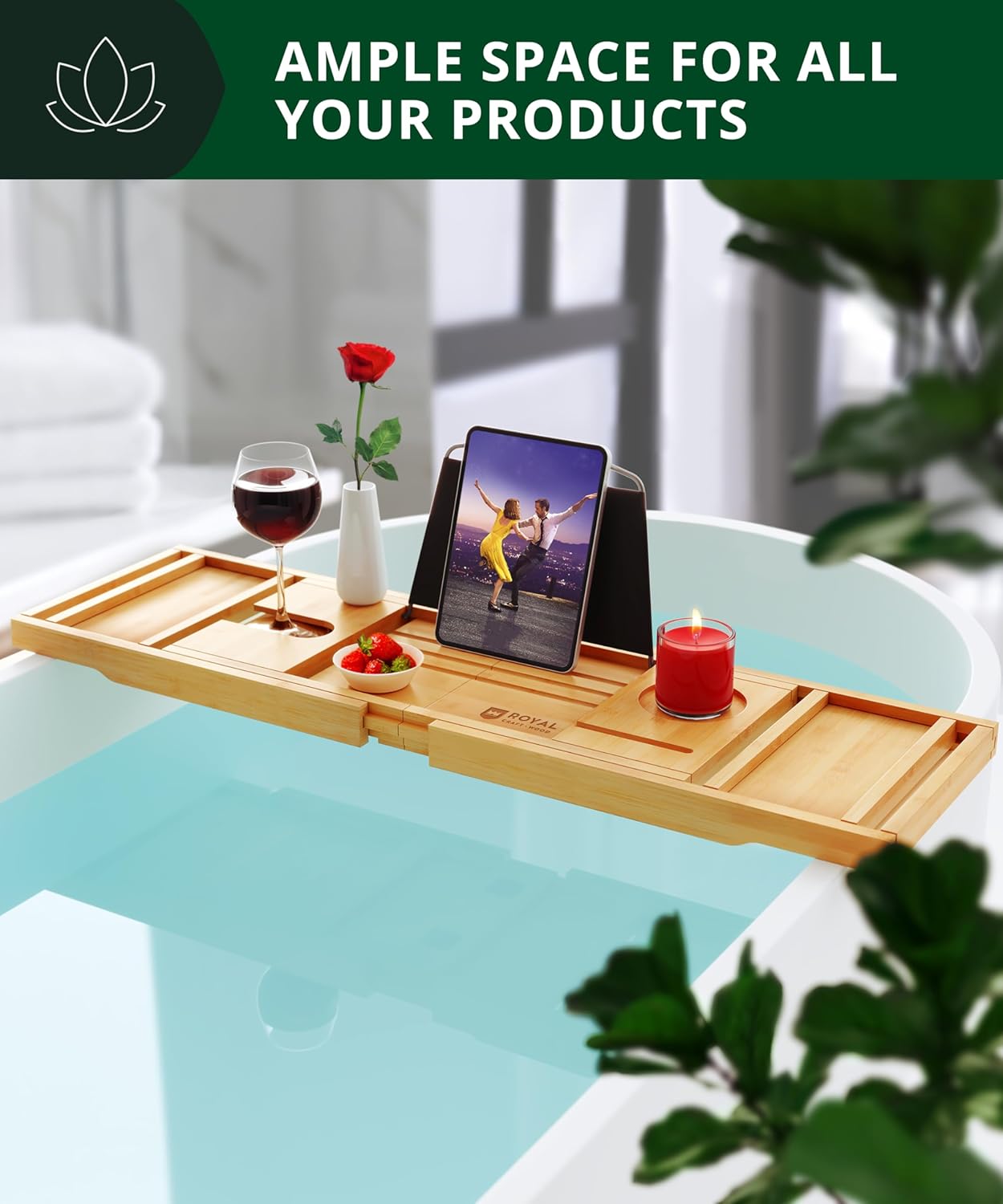 ROYAL CRAFT WOOD Bathtub Tray Caddy for Tub, Bamboo Bath Shelf, Premium Foldable Wood Bath Table, Expandable Bathtub & Bathroom Accessories, New Home Gifts for Mom, Housewarming, Anniversary, Wedding