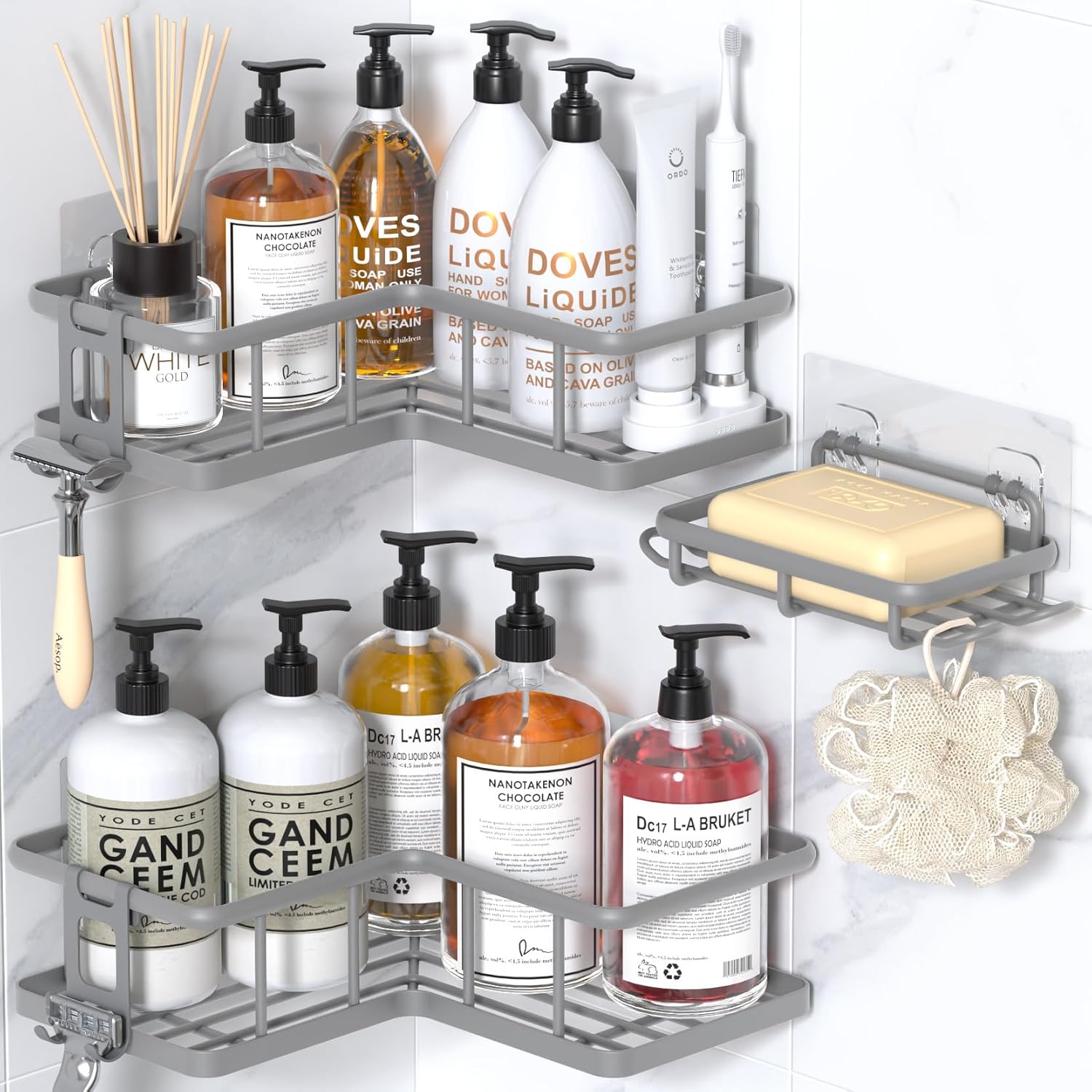 YASONIC Shower Caddy Corner, 3-Pack Adhesive Rustproof Stainless Steel Shower Shelves with Soap Holder, No Drilling Shower Organizer Corner for Dorm, Renters Bathroom, Black