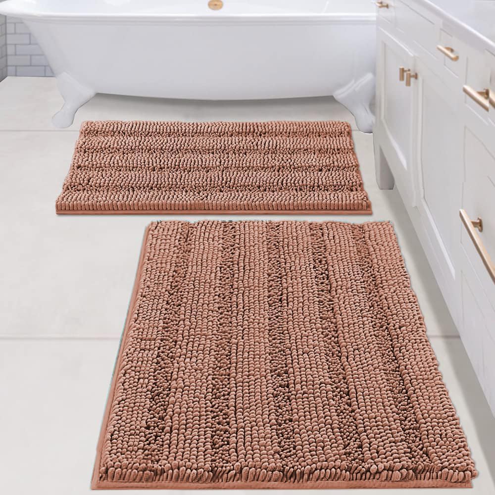 H.VERSAILTEX Sage Bathroom Rugs, Bath Mat Set of 2 Extra Thick Chenille Striped Pattern Shaggy Bath Rugs for Bath Room, Non Skid Bath Mats for Bathroom Floor (32 x 20 Plus 24 x 17 - Inches)