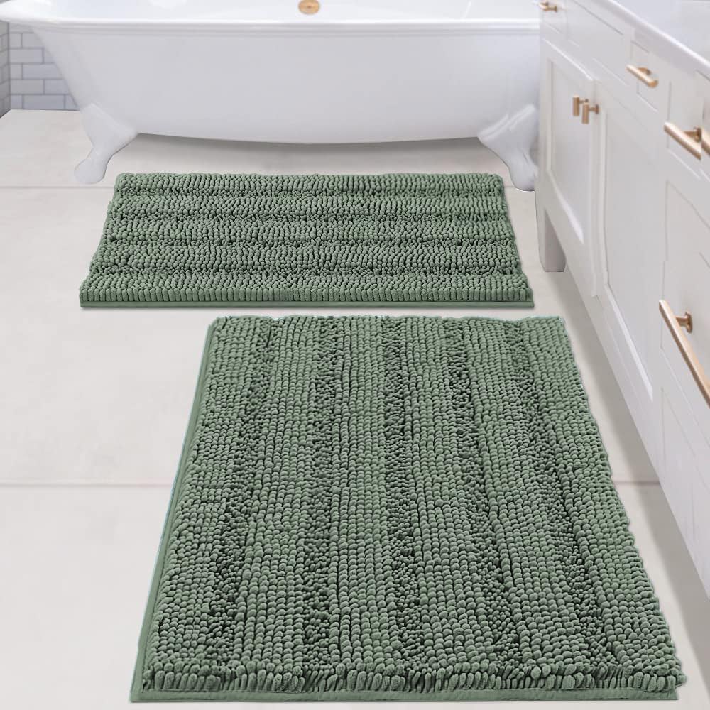 H.VERSAILTEX Sage Bathroom Rugs, Bath Mat Set of 2 Extra Thick Chenille Striped Pattern Shaggy Bath Rugs for Bath Room, Non Skid Bath Mats for Bathroom Floor (32 x 20 Plus 24 x 17 - Inches)