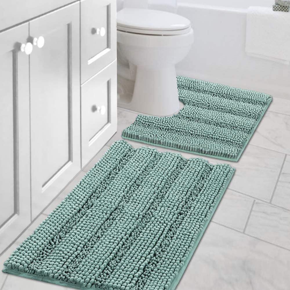 H.VERSAILTEX Sage Bathroom Rugs, Bath Mat Set of 2 Extra Thick Chenille Striped Pattern Shaggy Bath Rugs for Bath Room, Non Skid Bath Mats for Bathroom Floor (32 x 20 Plus 24 x 17 - Inches)