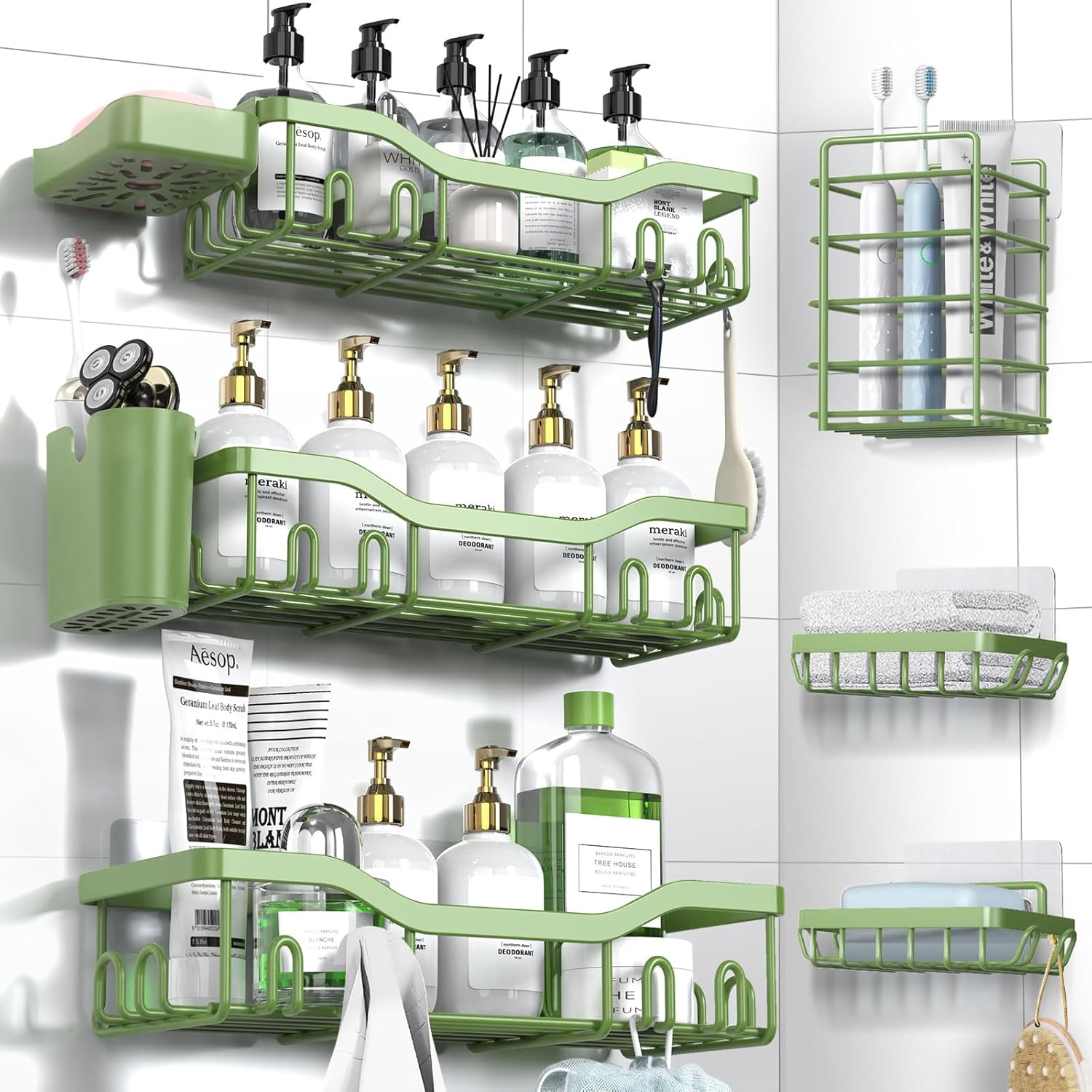 Shower Caddy Adhesive Shower Organizer 7-Pack, Rustproof Stainless Steel Bathroom Shelves, Large Capacity No-Drill Rack Storage Accessories with Soap Dish Toothbrush Holder &24 Hooks Home Decor