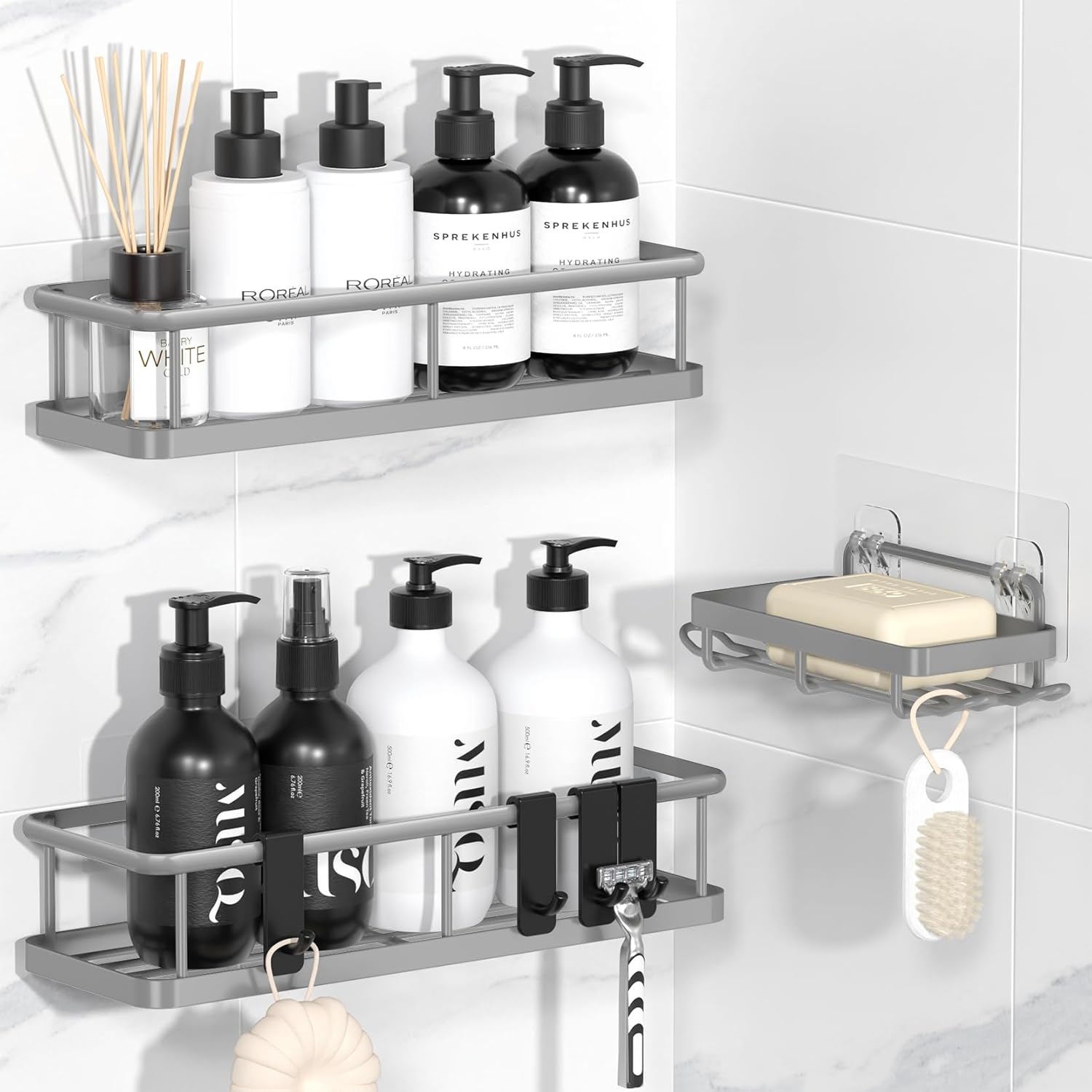 YASONIC Shower Caddy Adhesive, Rustproof Shower Shelves for Inside Shower, Large Capacity Bathroom Organizers and Storage, Shower Storage with Removable Hooks, No Drill Bathroom Accessories Black