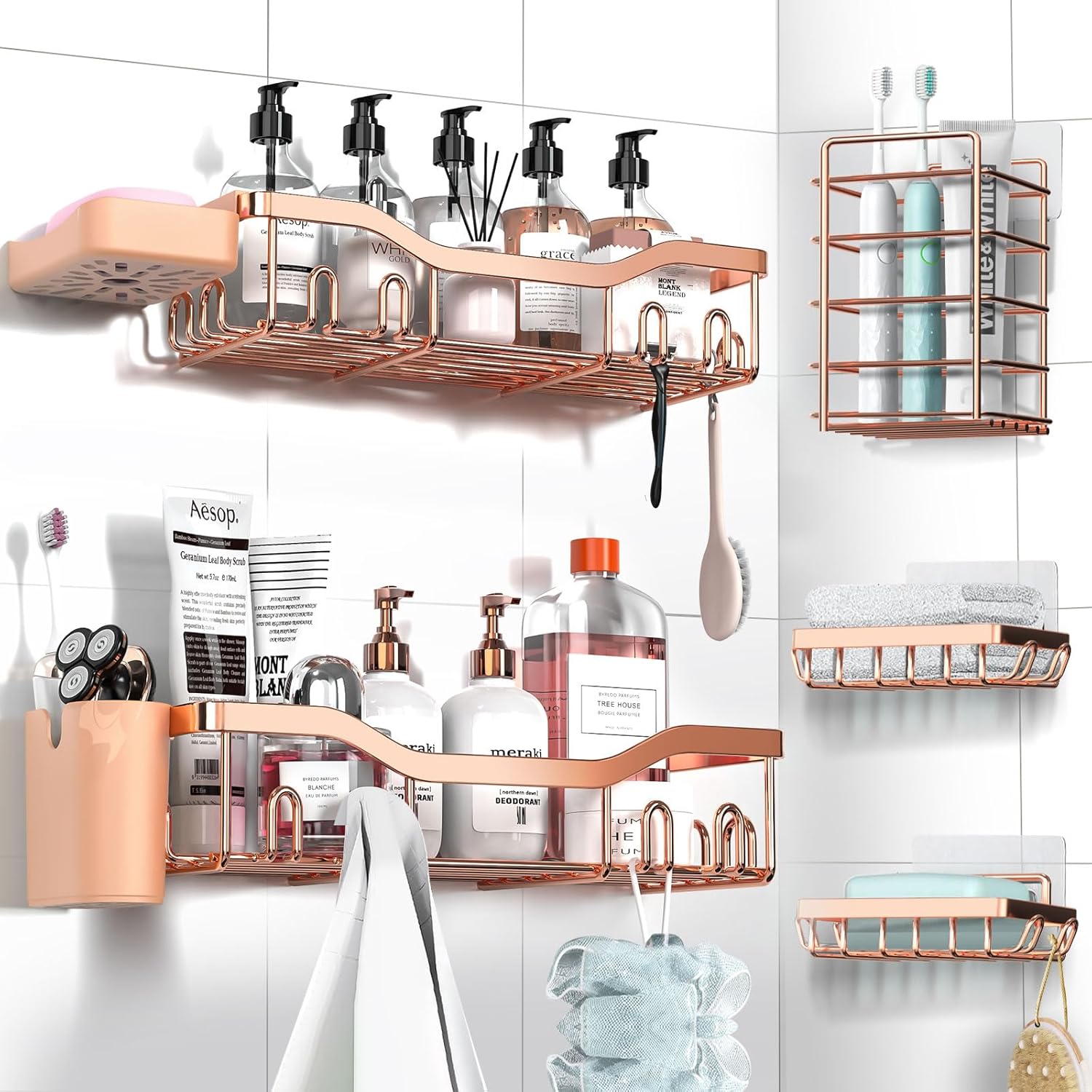 Shower Caddy Adhesive Shower Organizer 7-Pack, Rustproof Stainless Steel Bathroom Shelves, Large Capacity No-Drill Rack Storage Accessories with Soap Dish Toothbrush Holder &24 Hooks Home Decor