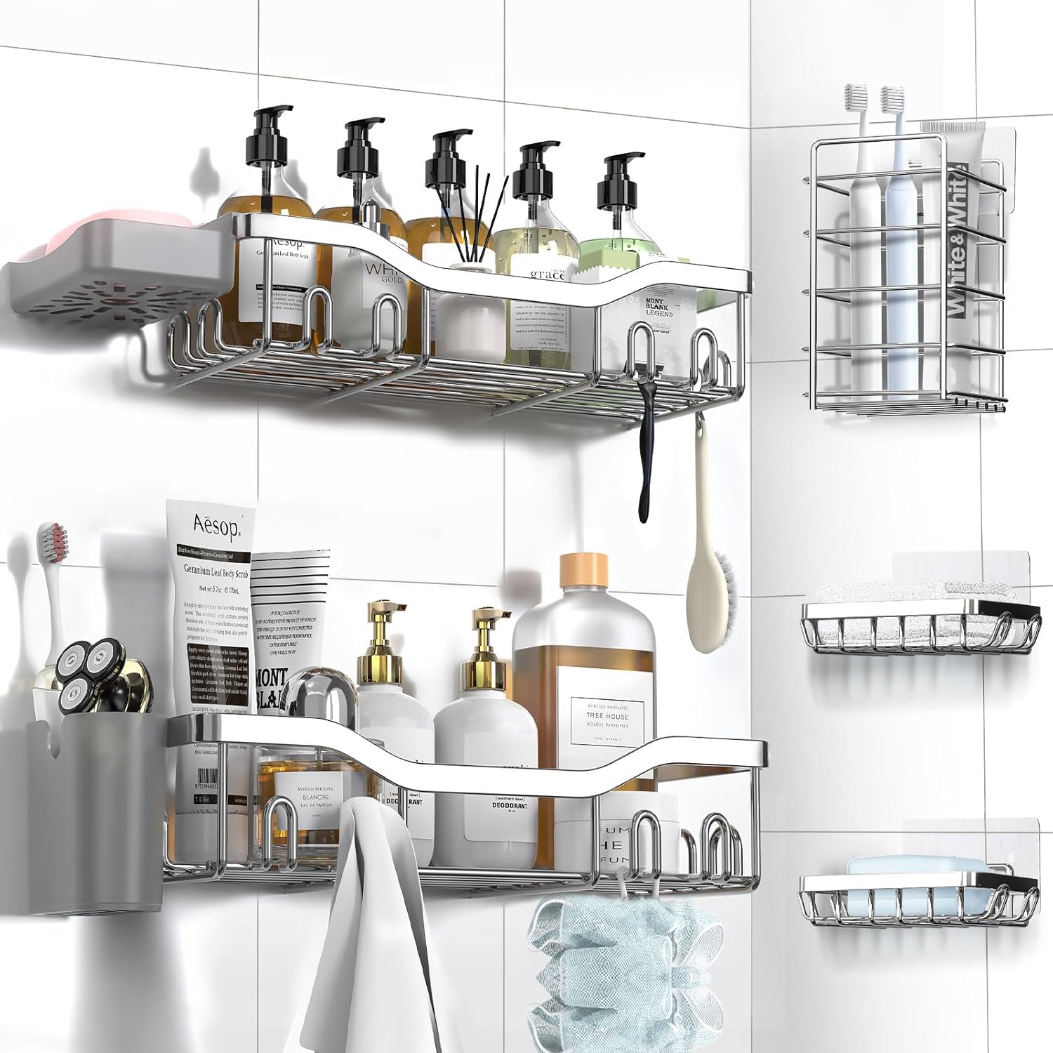 Shower Caddy Adhesive Shower Organizer 7-Pack, Rustproof Stainless Steel Bathroom Shelves, Large Capacity No-Drill Rack Storage Accessories with Soap Dish Toothbrush Holder &24 Hooks Home Decor