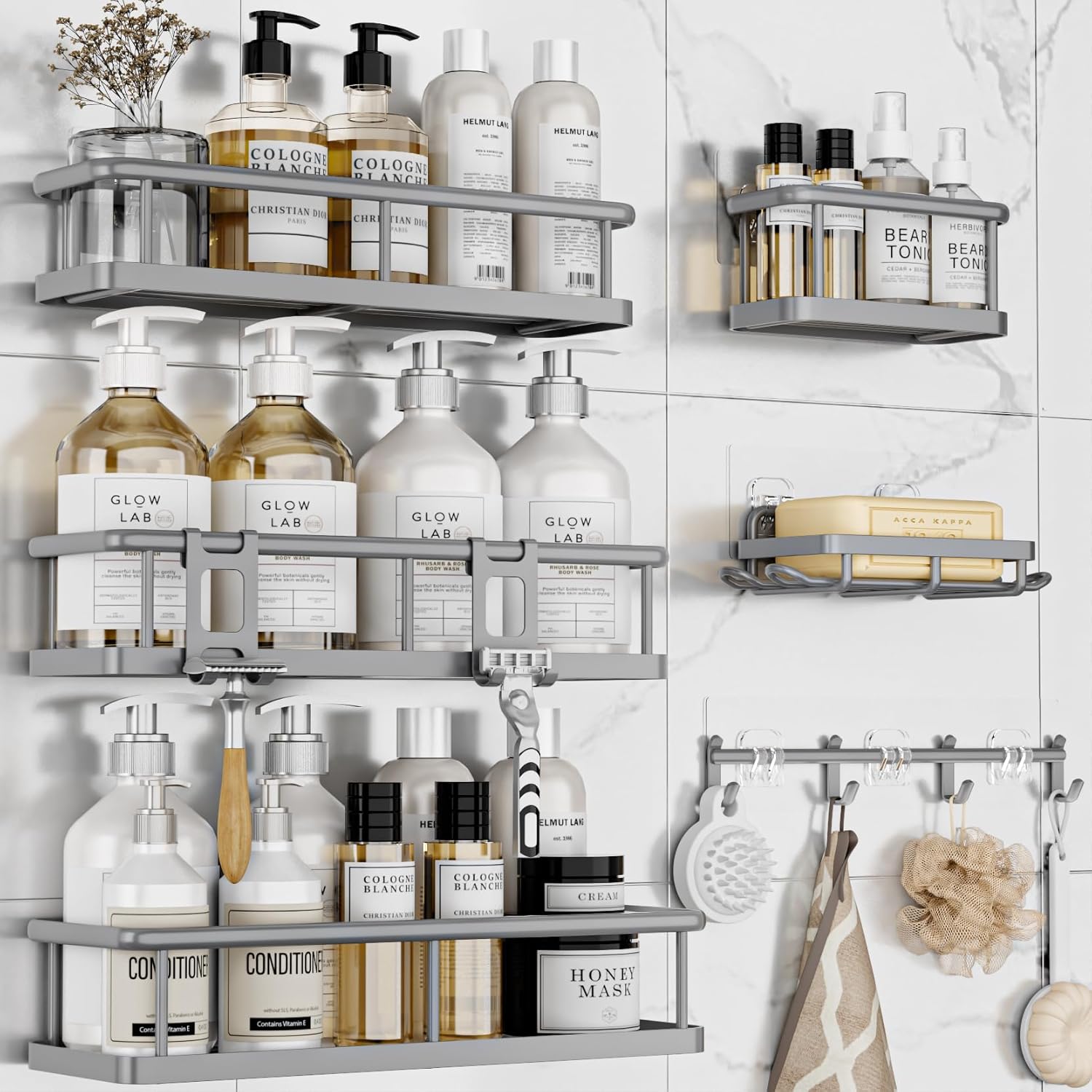 YASONIC Shower Caddy Adhesive, 100% Rustproof Shower Organizer with Soap Holder, 6 Pack Large Capacity shower Shelves for Inside Shower, No Drilling Bathroom Organizers and Storage for Home Decor