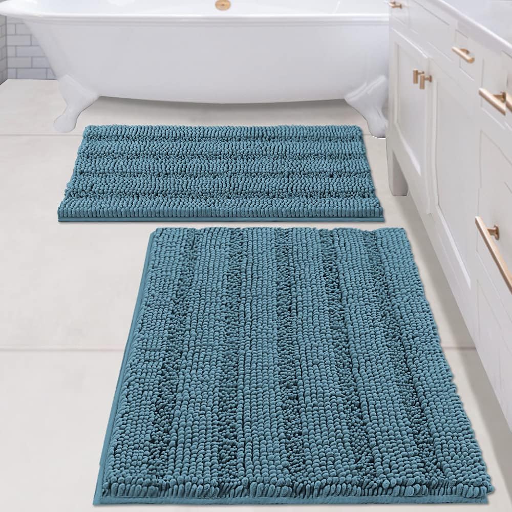 H.VERSAILTEX Sage Bathroom Rugs, Bath Mat Set of 2 Extra Thick Chenille Striped Pattern Shaggy Bath Rugs for Bath Room, Non Skid Bath Mats for Bathroom Floor (32 x 20 Plus 24 x 17 - Inches)