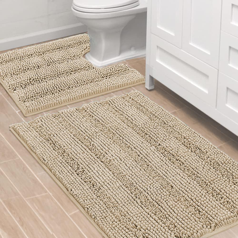H.VERSAILTEX Sage Bathroom Rugs, Bath Mat Set of 2 Extra Thick Chenille Striped Pattern Shaggy Bath Rugs for Bath Room, Non Skid Bath Mats for Bathroom Floor (32 x 20 Plus 24 x 17 - Inches)