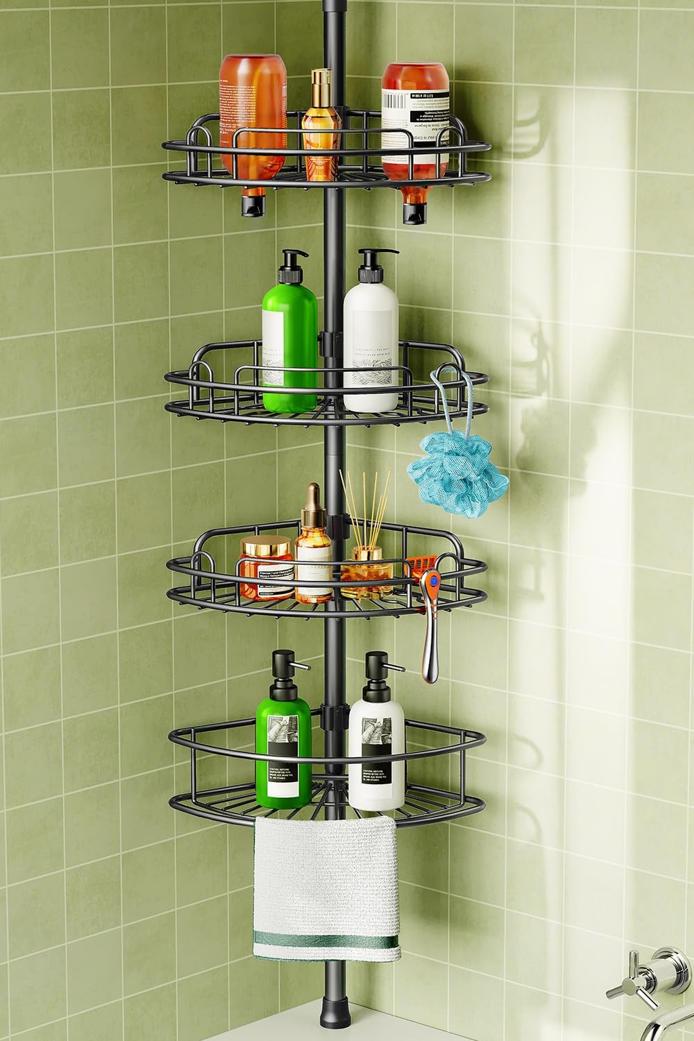 HAMITOR Corner Shower Caddy Tension Pole: 4-Tier Rust-Resistant Adjustable Bathroom Organizer Shelves - 47-121 Inch No-Drill Quick Installation - Space-Saving Storage for Renters Family - Silver Gray