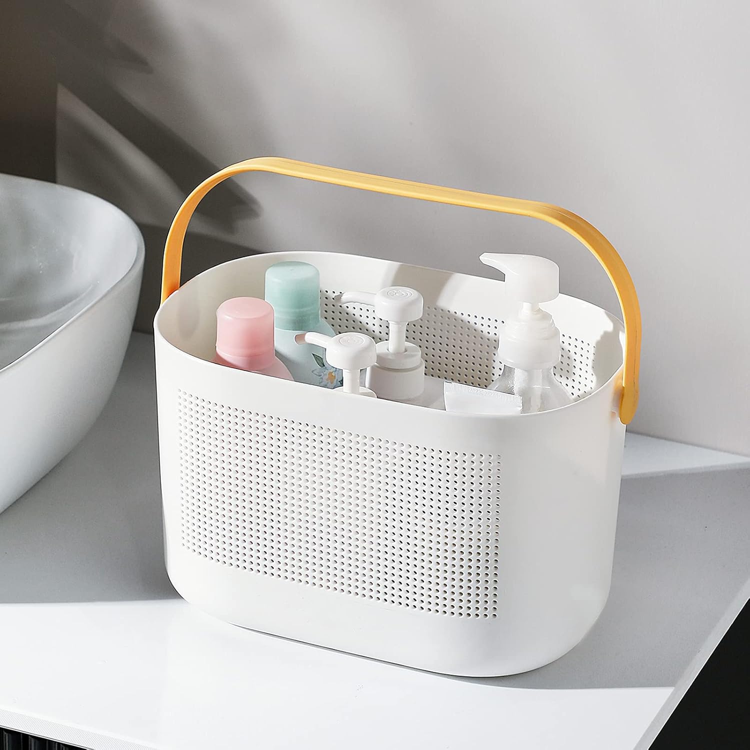 UUJOLY Plastic Storage Baskets with Handles, Shower Caddy Shelf Organizers Basket for Bathroom, Kitchen, Dorm Room, Yellow