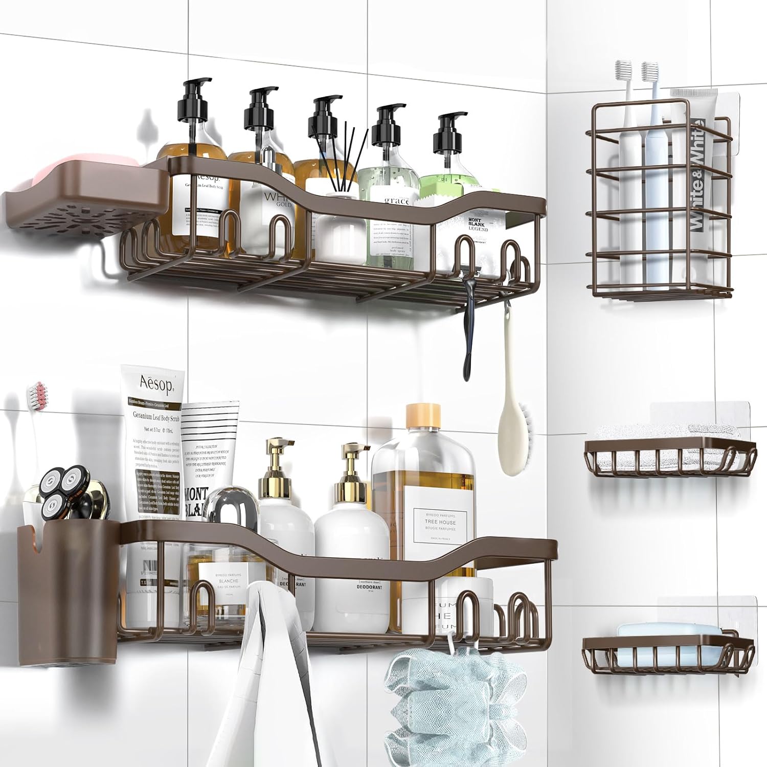 Shower Caddy Adhesive Shower Organizer 7-Pack, Rustproof Stainless Steel Bathroom Shelves, Large Capacity No-Drill Rack Storage Accessories with Soap Dish Toothbrush Holder &24 Hooks Home Decor