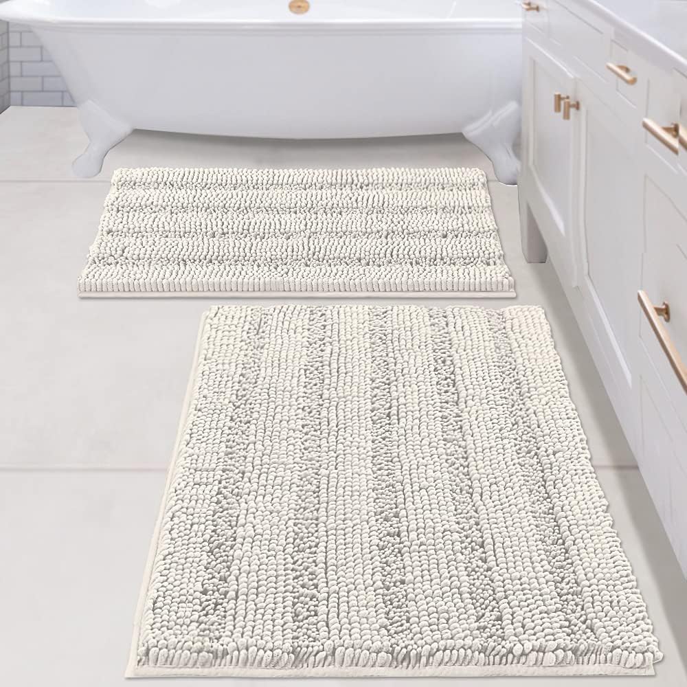 H.VERSAILTEX Sage Bathroom Rugs, Bath Mat Set of 2 Extra Thick Chenille Striped Pattern Shaggy Bath Rugs for Bath Room, Non Skid Bath Mats for Bathroom Floor (32 x 20 Plus 24 x 17 - Inches)