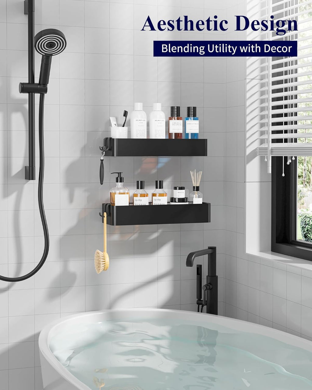 Kitsure Shower Caddy - 2 Pack Adhesive Shower Organizer, Rustproof Metal Shelves, No-Drill Bathroom Organizers and Storage, Black, XX-Large