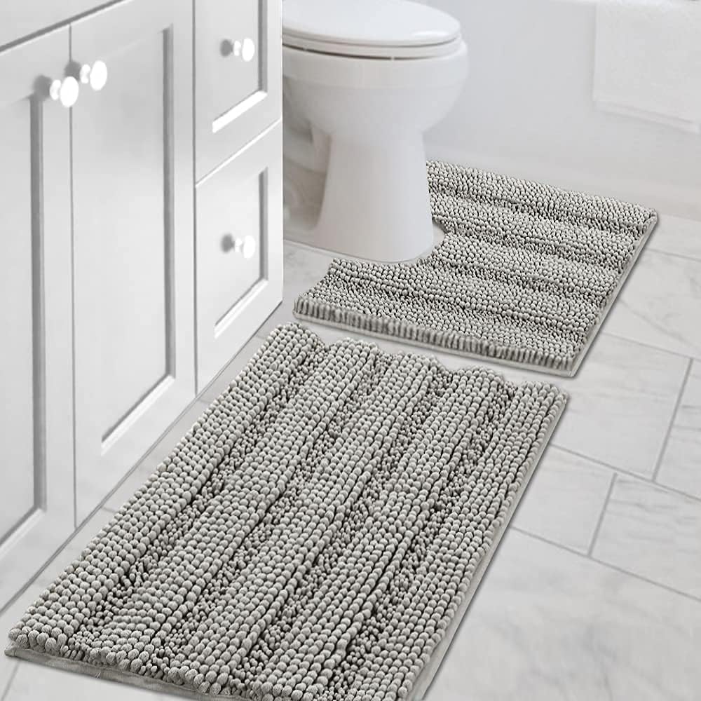 H.VERSAILTEX Sage Bathroom Rugs, Bath Mat Set of 2 Extra Thick Chenille Striped Pattern Shaggy Bath Rugs for Bath Room, Non Skid Bath Mats for Bathroom Floor (32 x 20 Plus 24 x 17 - Inches)