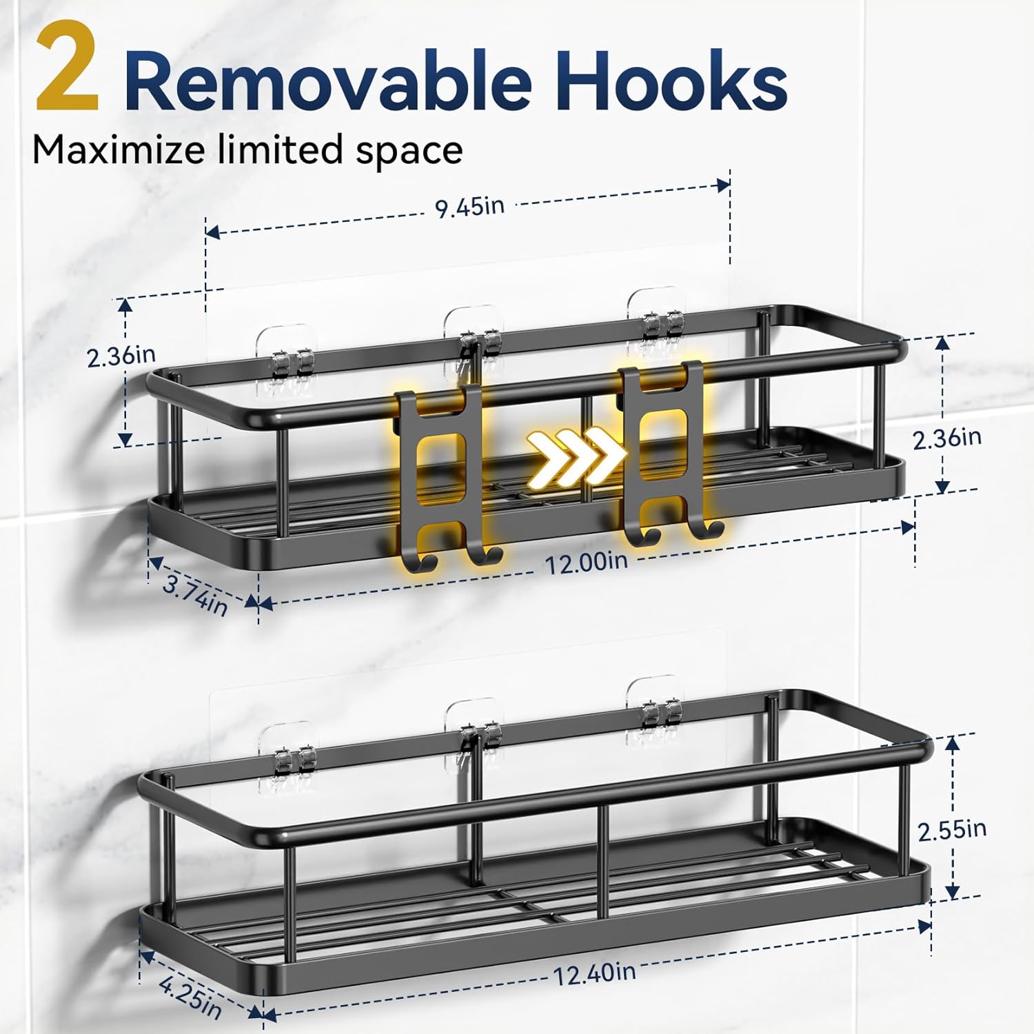 YASONIC Shower Caddy Adhesive, Rustproof Shower Shelves for Inside Shower, Large Capacity Bathroom Organizers and Storage, Shower Storage with Removable Hooks, No Drill Bathroom Accessories Black